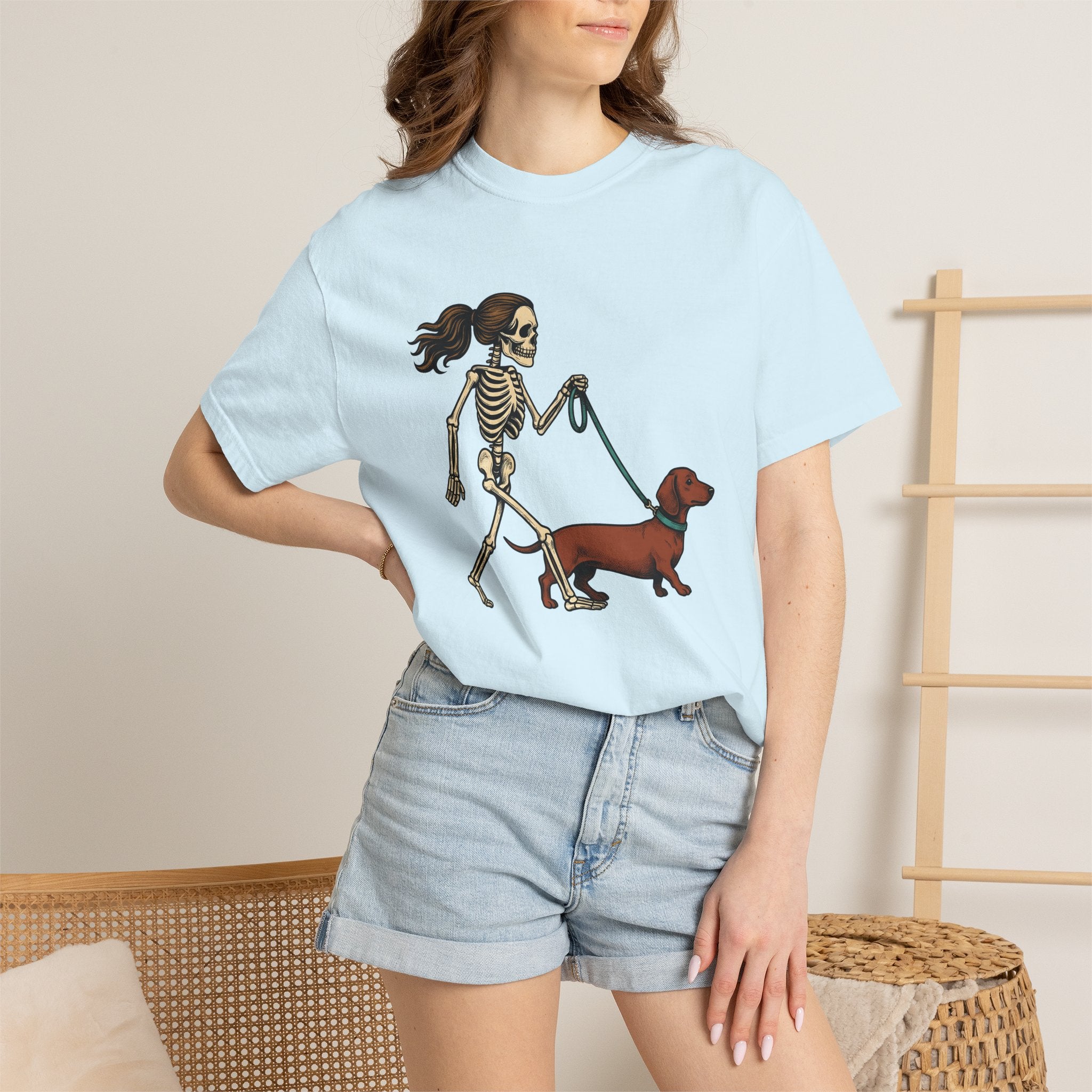 Skeleton Dog Stroll Shirt Halloween Pet Gift Women Comic Tee Dog Walk T-Shirt Halloween Fan Cartoon Tshirt Pet Graphic Retro Dachshund