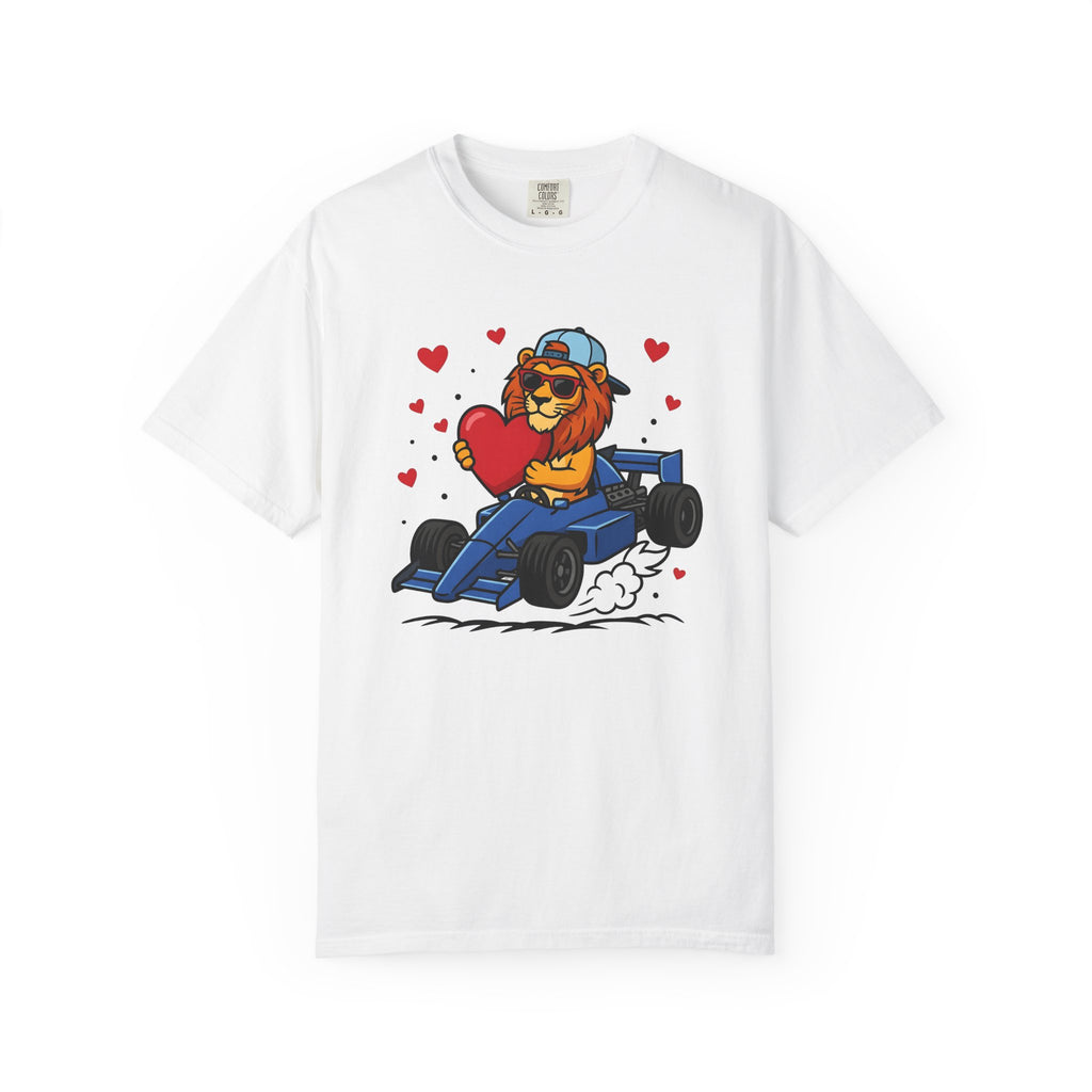 Lion Race Car Shirt St. Valentine's Day Animal Gift Women Cartoon Tee Lion T-Shirt Valentine Fan Funny Tshirt Creature Graphic Bold Heart