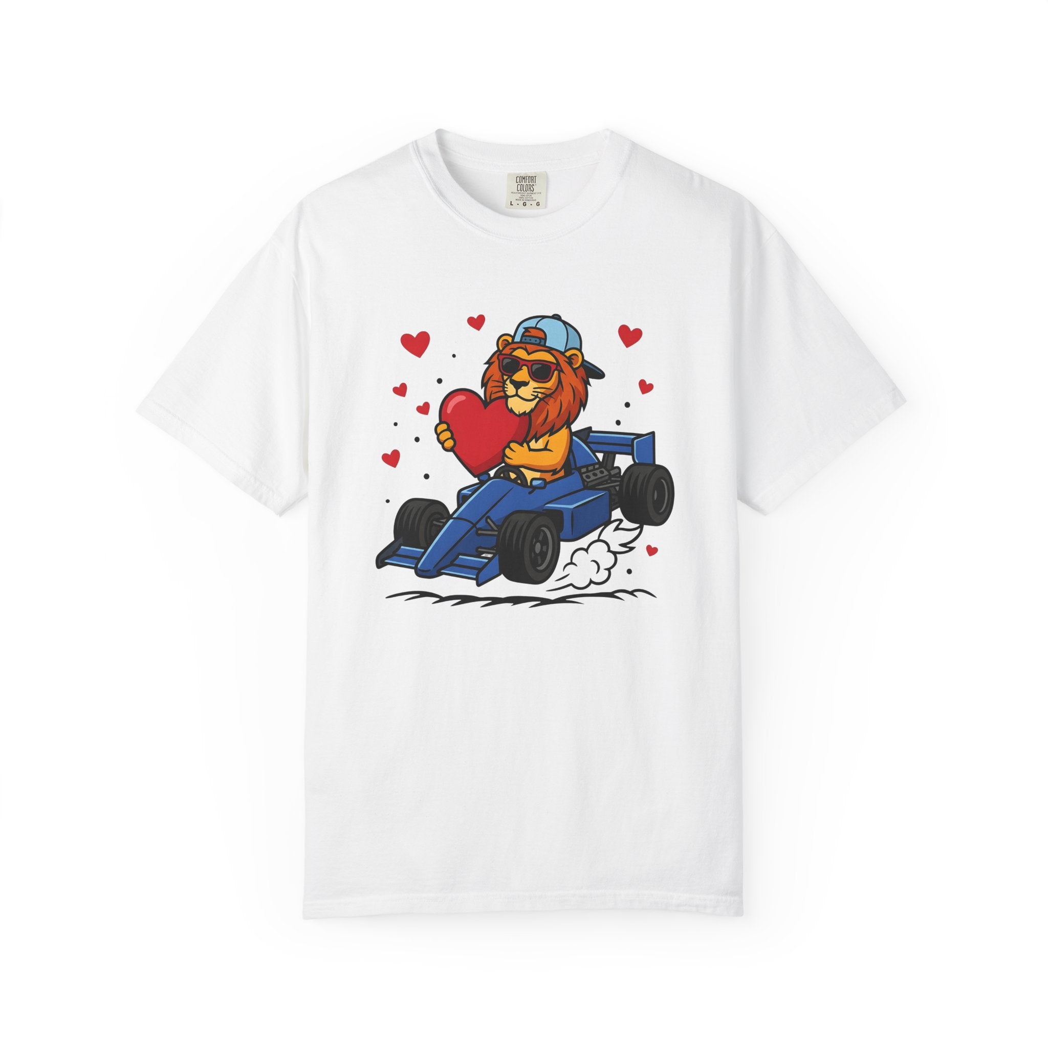 Lion Race Car Shirt St. Valentine's Day Animal Gift Women Cartoon Tee Lion T-Shirt Valentine Fan Funny Tshirt Creature Graphic Bold Heart