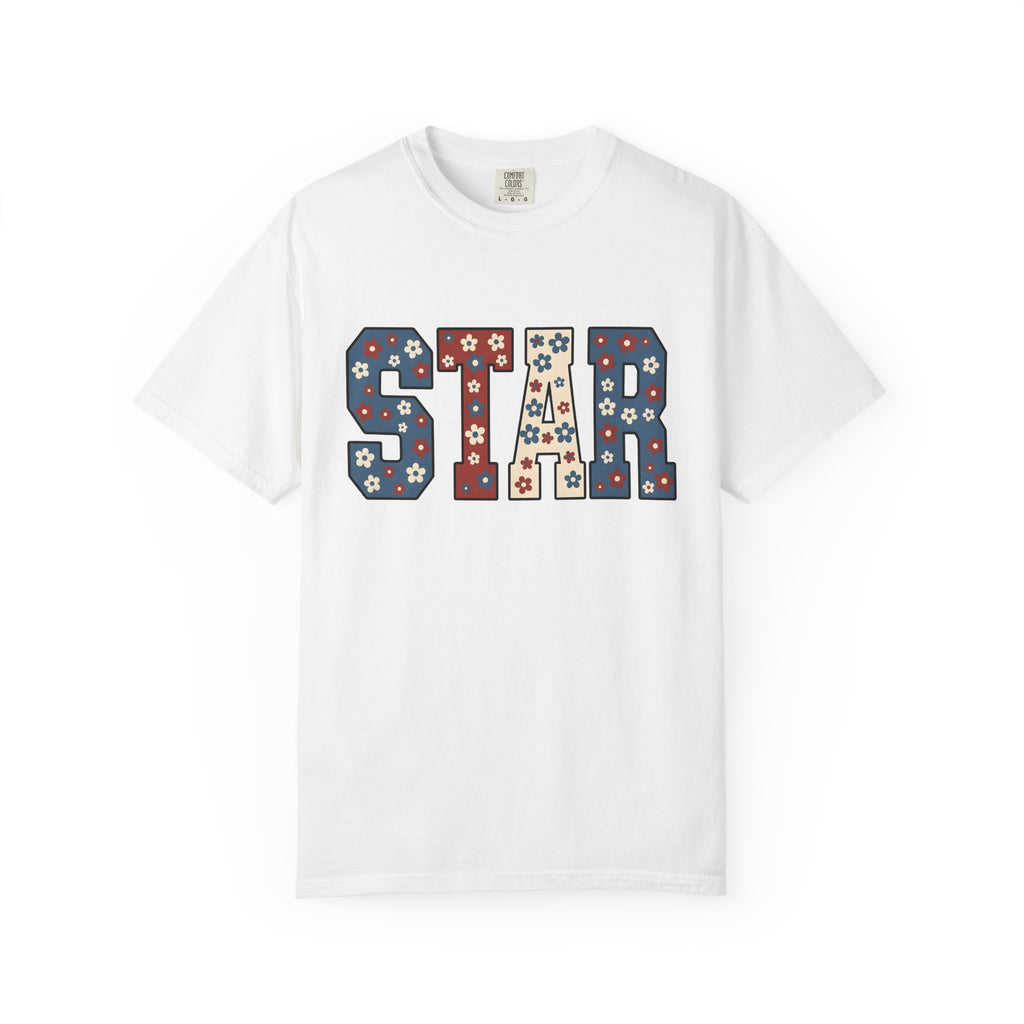 Flower Star Lettering Shirt 4th Of July America Gift Women Strong Tee Floral T-Shirt Patriotic Fan Bold Tshirt American Graphic Vintage