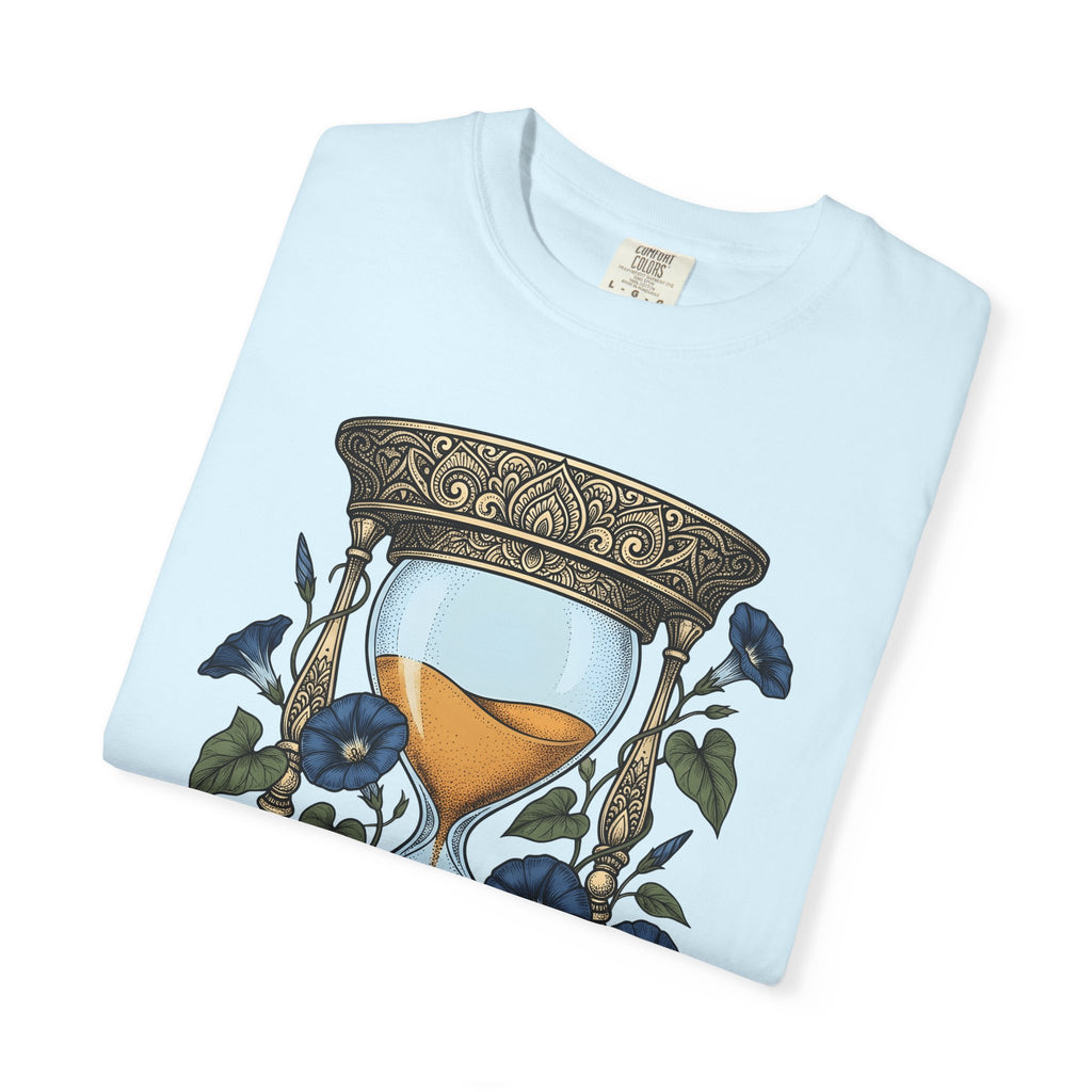 Hourglass Floral Shirt Boho Chic Botanical Gift Women Tattoo Tee Sand Timer T-Shirt Bohemian Fan Ink Tshirt Floral Graphic Vintage Blue