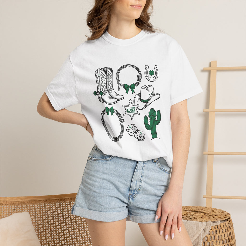 Cowboy Country Symbols Shirt St Patricks Day Rodeo Gift Women Retro Tee Western T-Shirt Shamrock Fan Vintage Tshirt Rodeo Graphic Sketch