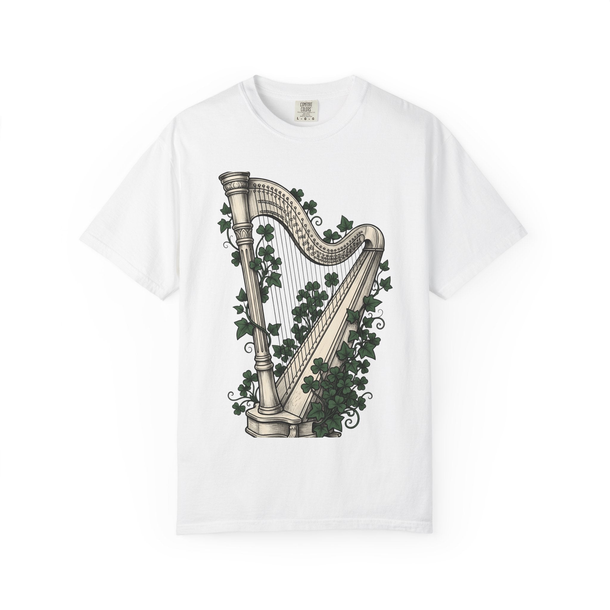 Harp Shamrock Shirt St Patrick's Day Emerald Isle Gift Women Hand Drawn Tee Shamrock T-Shirt St Patty's Fan Celtic Tshirt Ireland Graphic