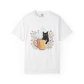 Black Cat Cup Shirt Cat Espresso Gift Women Hand Painted Tee Cat Mug T-Shirt Cat Fan Feline Tshirt Coffee Graphic Playful Garden Flowers