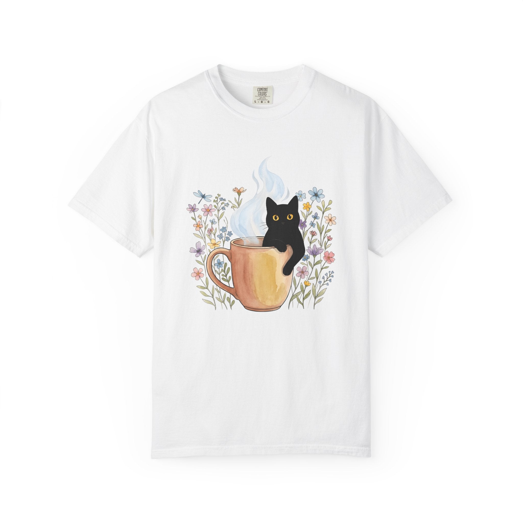 Black Cat Cup Shirt Cat Espresso Gift Women Hand Painted Tee Cat Mug T-Shirt Cat Fan Feline Tshirt Coffee Graphic Playful Garden Flowers