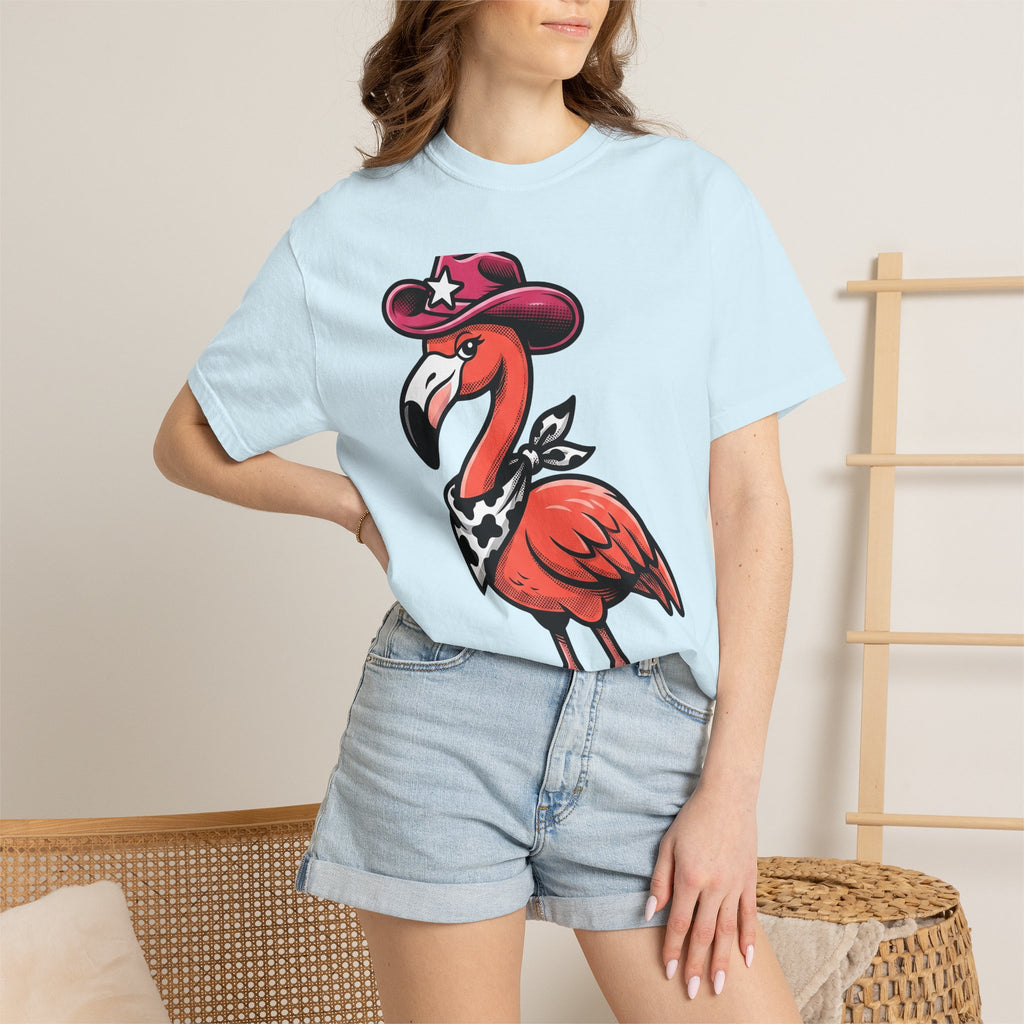 Flamingo Wrangler Shirt Cowgirl Fauna Gift Women Caricature Tee Flamingo T-Shirt Rodeo Fan Cartoon Tshirt Wildlife Graphic Hand Drawn Cowboy
