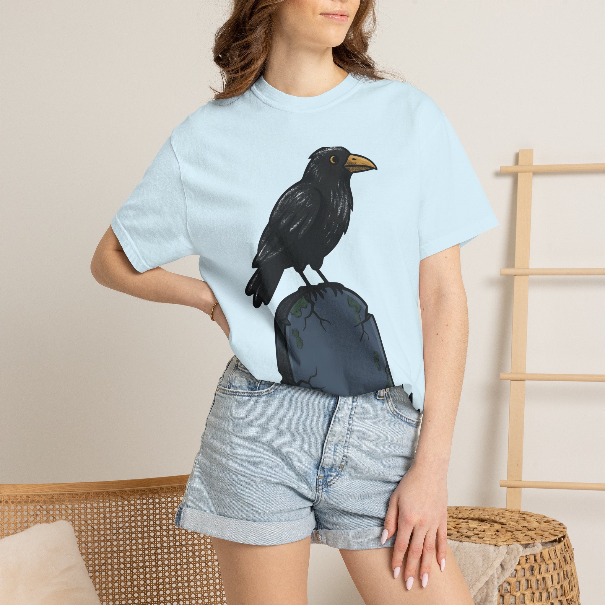 Raven Gravestone Shirt Halloween Horror Gift Women Sketch Tee Tombstone T-Shirt Spooky Fan Crypt Illustration Drawing Hand Drawn Burial