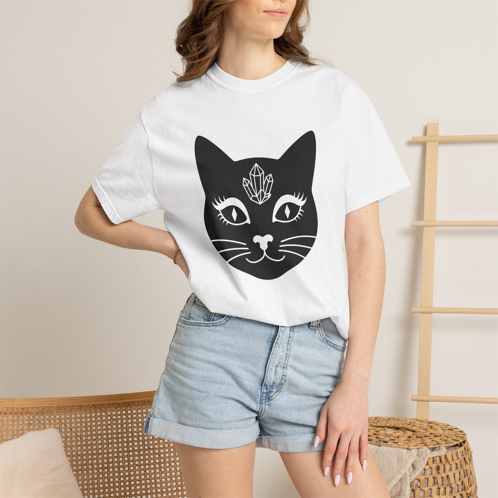 Black Cat Face Shirt Cat Witchy Gift Women Minimalist Tee Cat T-Shirt Cat Lady Fan Simple Tshirt Wiccan Graphic Boho Crystal Tshirt