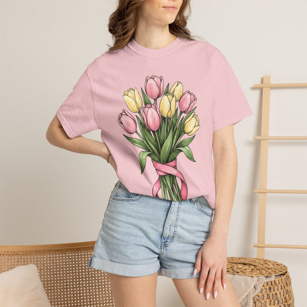 Tulip Bunch Shirt Easter Blossoms Gift Women Flower Illustration Tee Bouquet T-Shirt Spring Fan Floral Tshirt Floral Graphic Retro Bow