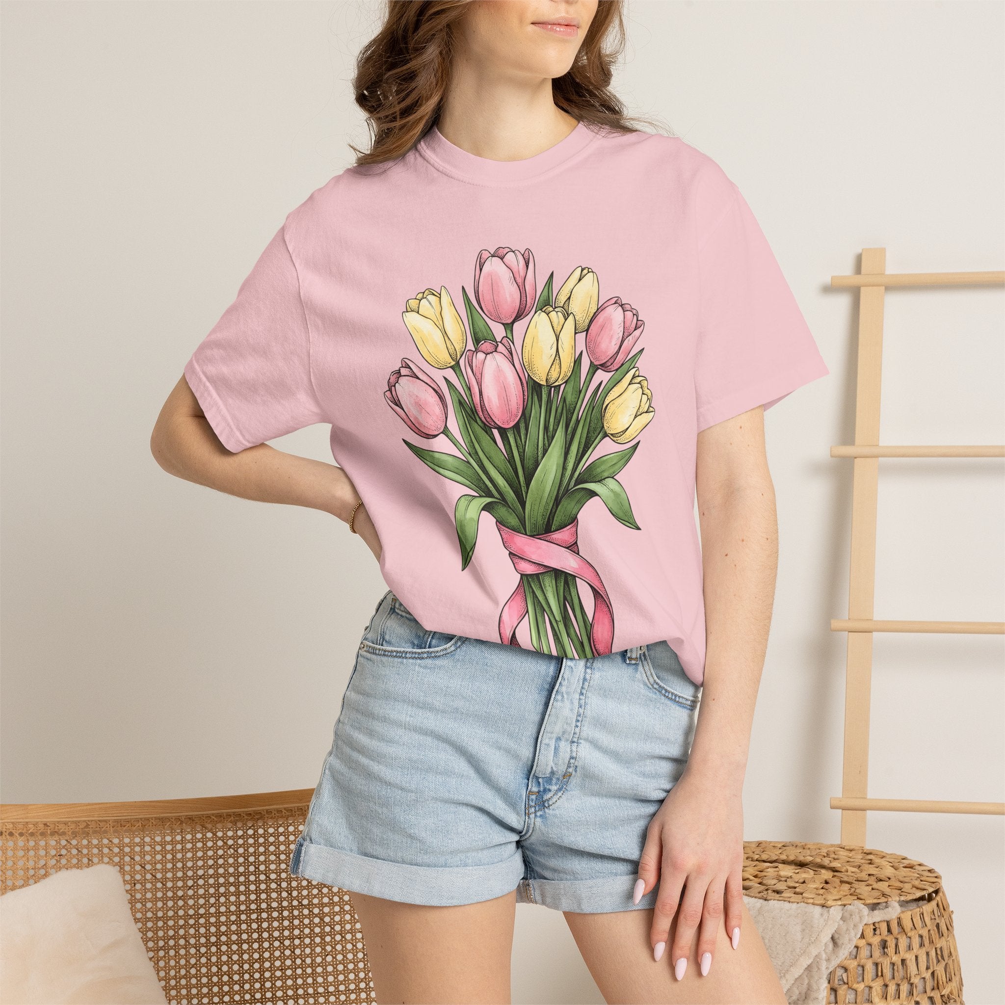 Tulip Bunch Shirt Easter Blossoms Gift Women Flower Illustration Tee Bouquet T-Shirt Spring Fan Floral Tshirt Floral Graphic Retro Bow