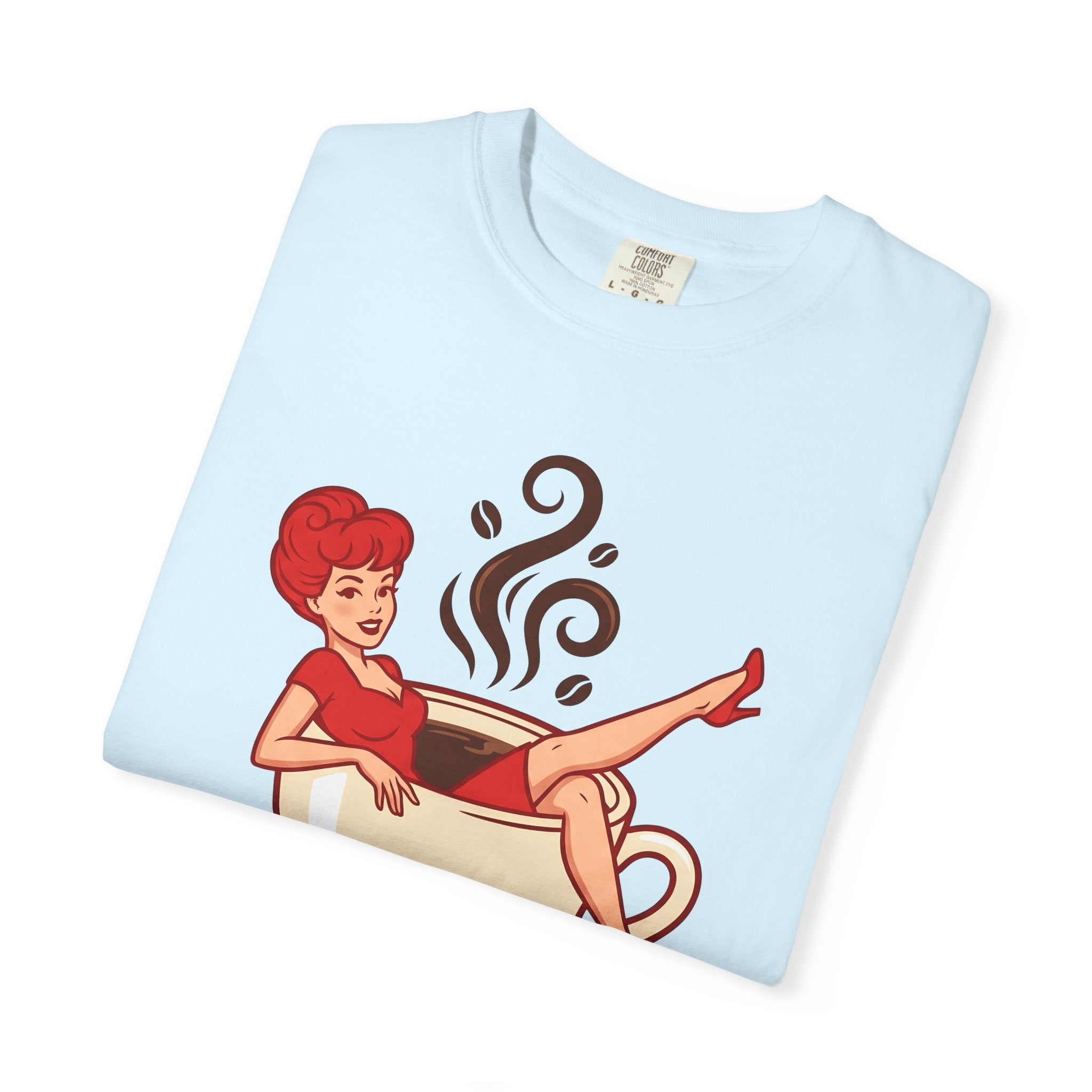 Pinup Coffee Mug Shirt Coffee Fun Gift Women Hand Drawn Tee Coffee Cup T-Shirt Coffee Fan Illustrated Tshirt Humor Graphic Line Art Steam