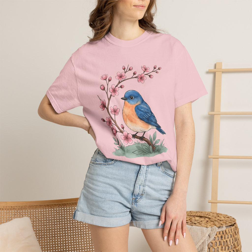 Bluebird Floral Shirt Easter Spring Gift Women Watercolor Tee Floral T-Shirt Easter Fan Painted Tshirt Seasonal Graphic Hand Drawn Cherry