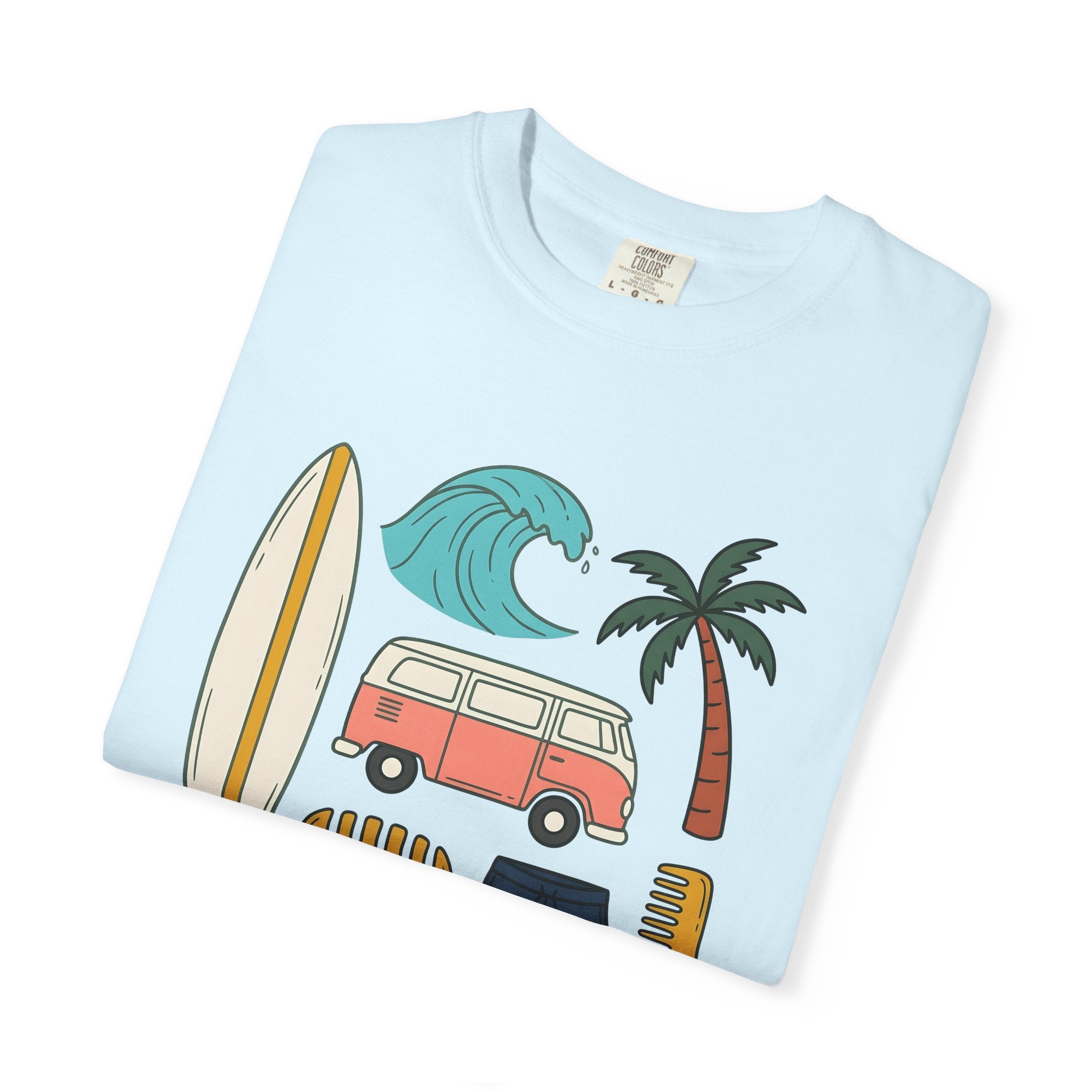 Beach Van Surfboard Shirt Surfing Ocean Gift Women Line Art Tee Camper Van T-Shirt Surfer Enthusiast Illustration Tshirt Sea Graphic Classic
