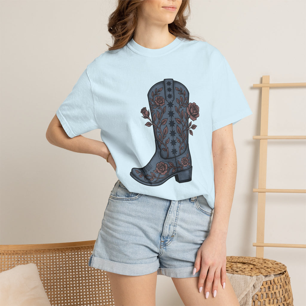 Leather Boot Shirt America Ranch Gift Women Retro Vintage Tee Boot T-Shirt American Enthusiast Cowboy Graphic Tshirt Ink Drawing Floral