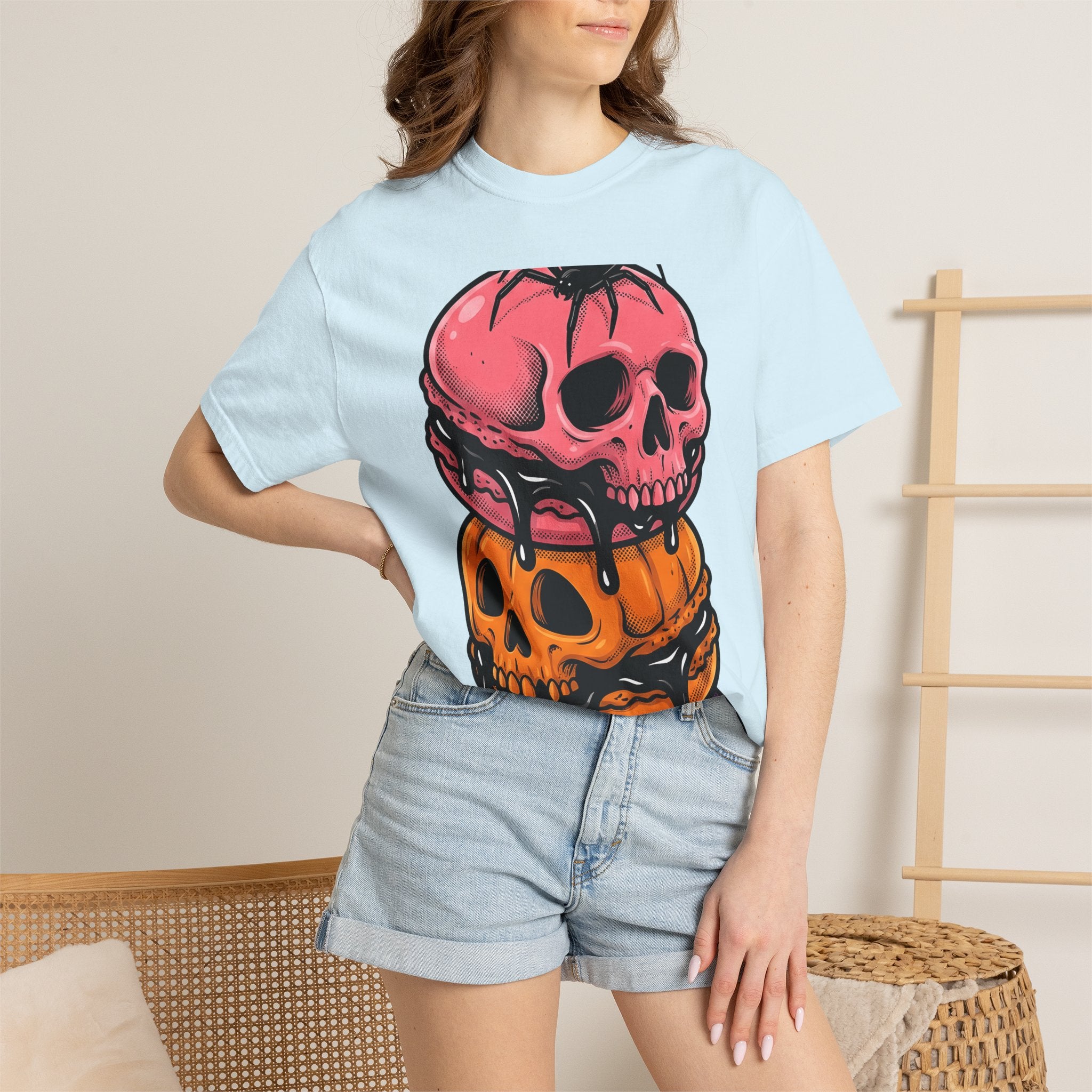 Skull Macarons Shirt Desserts Halloween Gift Women Bold Graphic Tee Macaron T-Shirt Pastry Fan Graphic Tshirt Spooky Graphic Retro Spider
