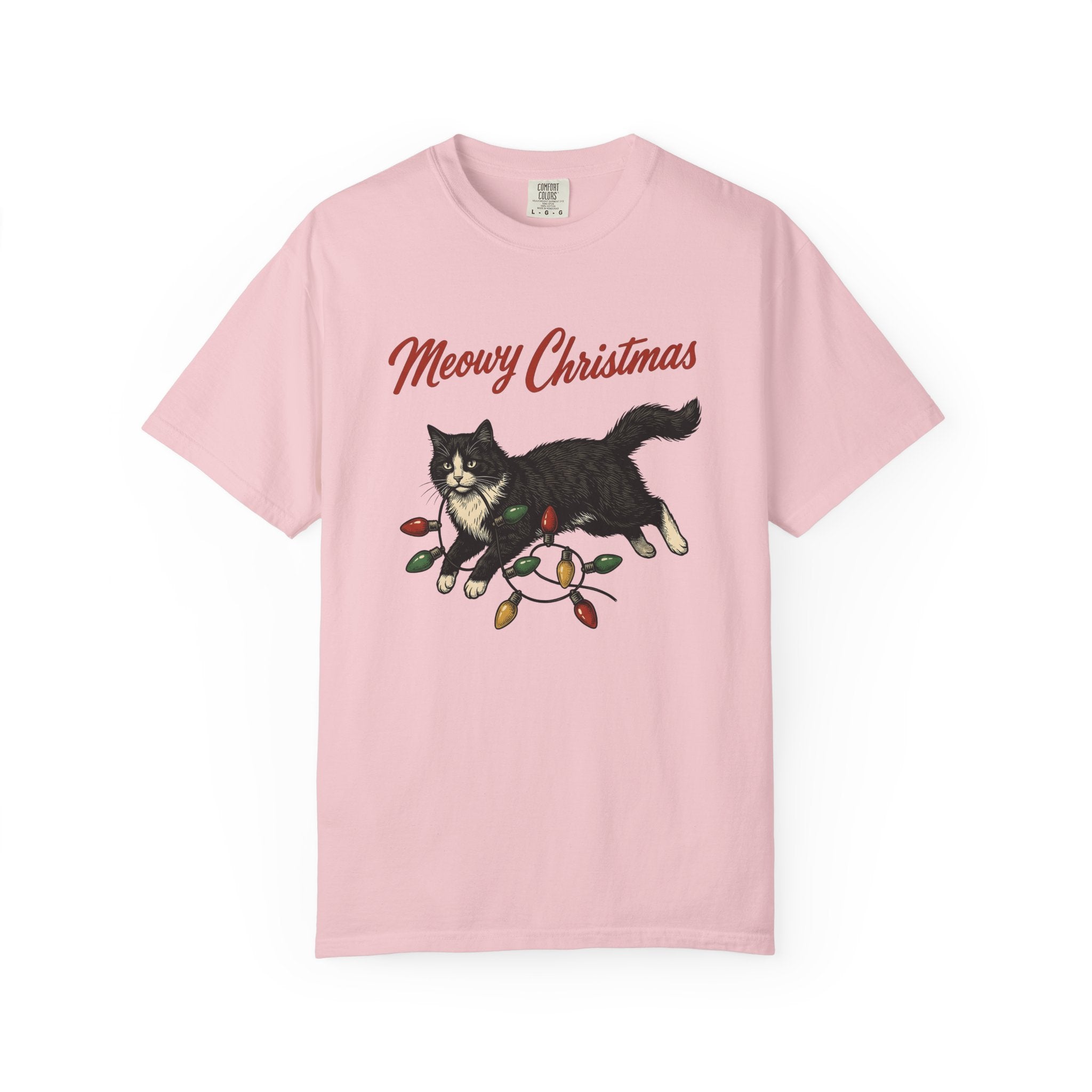 Black Kitty Shirt Christmas Animal Gift Women Sketch Tee Cat T-Shirt Xmas Fan Drawing Graphic Cartoon Festive Lights Tshirt