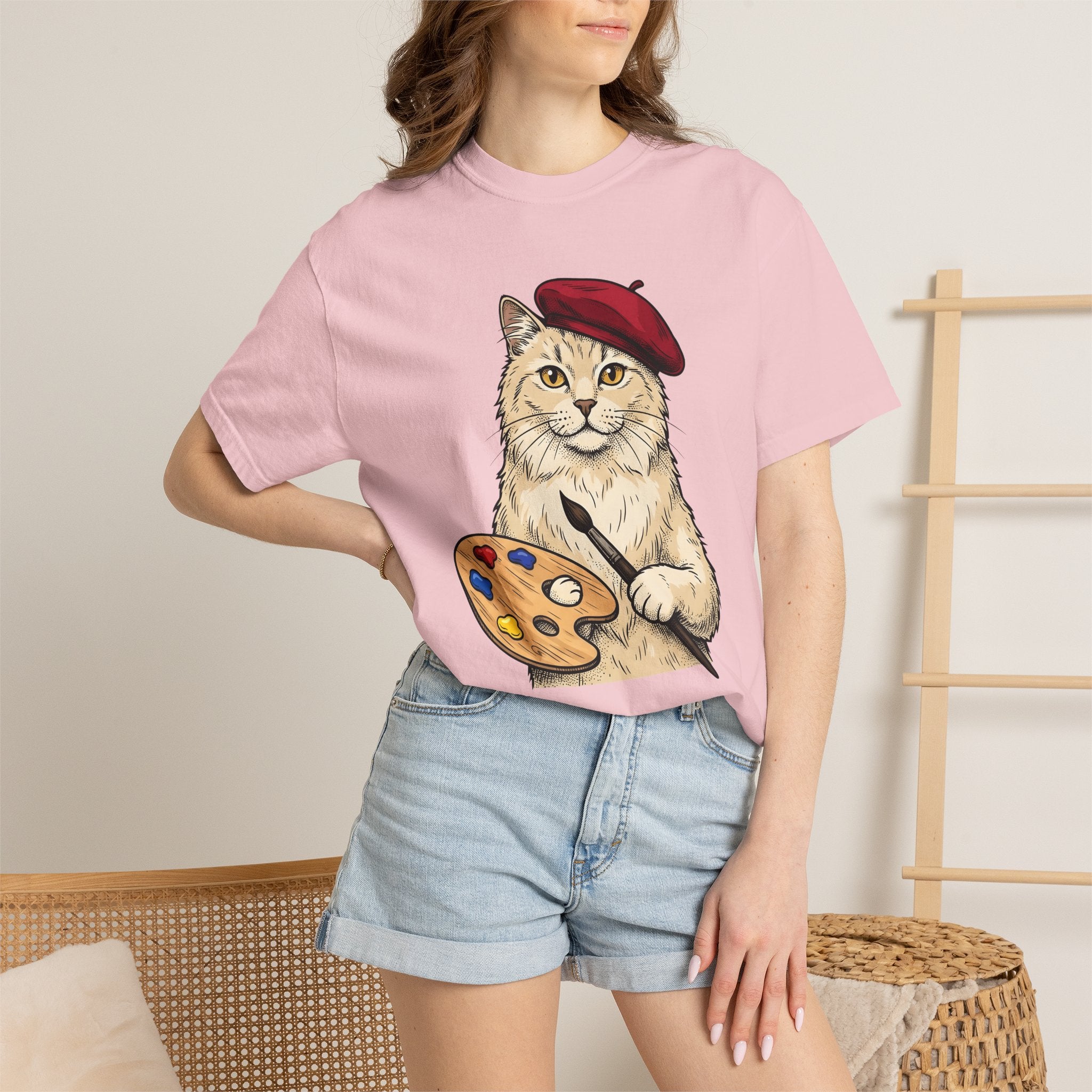 Art Cat Shirt Cat Drawing Gift Women Cartoon Tee Kitty T-Shirt Feline Fan Comic Tshirt Sketch Graphic Traditional Paint Tray Tshirt
