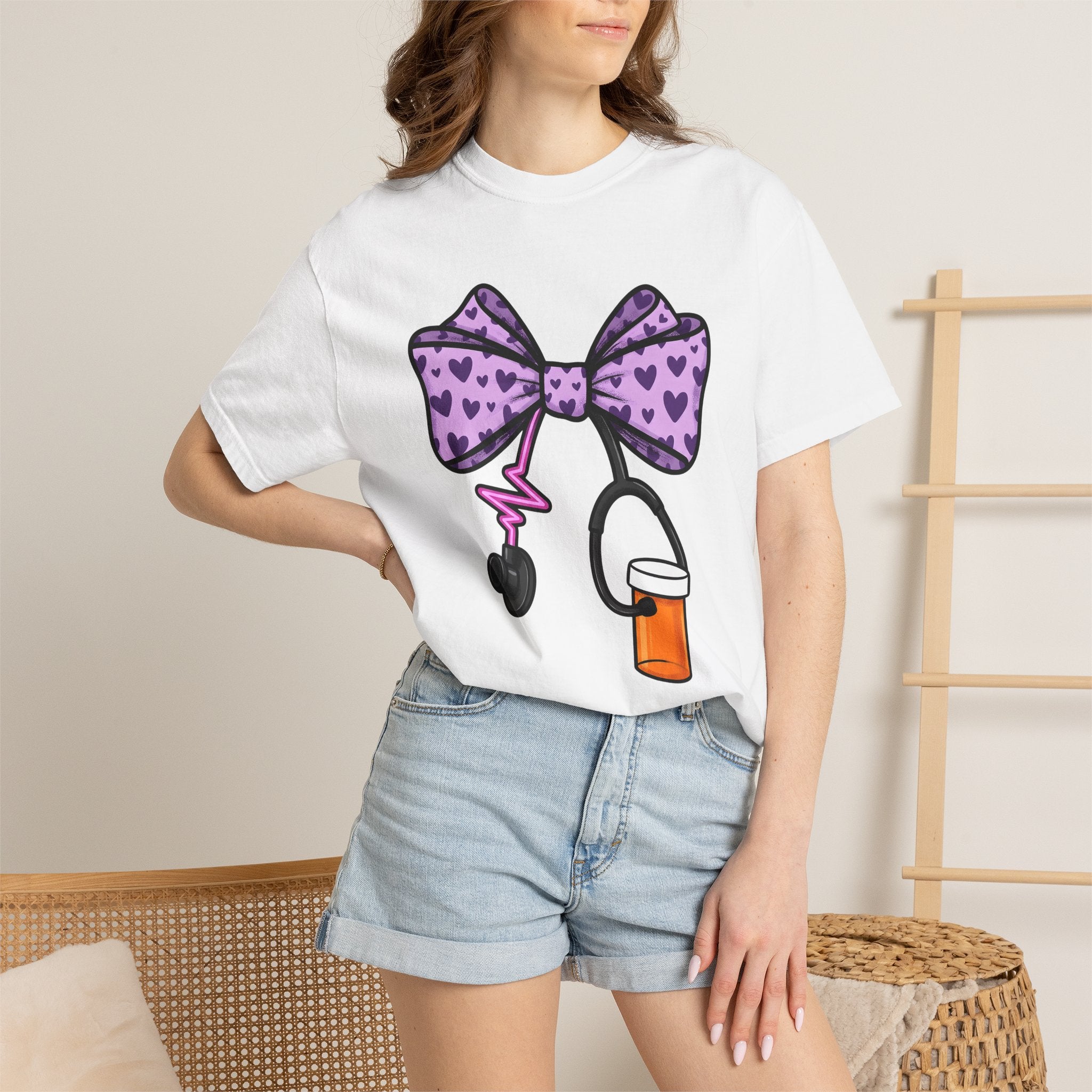 Heart Bow Stethoscope Shirt Nurses Clinic Gift Women Illustration Tee Stethoscopes T-Shirt Nurse Enthusiast Medical Tshirt Hospital Graphic