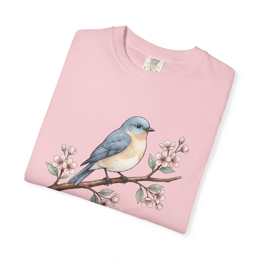 Bluebird Bloom Shirt Boho Chic Wildlife Gift Women Line Art Tee Bluebird T-Shirt Bohemian Fan Illustration Graphic Tshirt Ink Blossom Branch