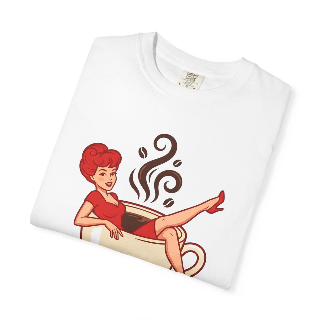 Pinup Coffee Mug Shirt Coffee Fun Gift Women Hand Drawn Tee Coffee Cup T-Shirt Coffee Fan Illustrated Tshirt Humor Graphic Line Art Steam