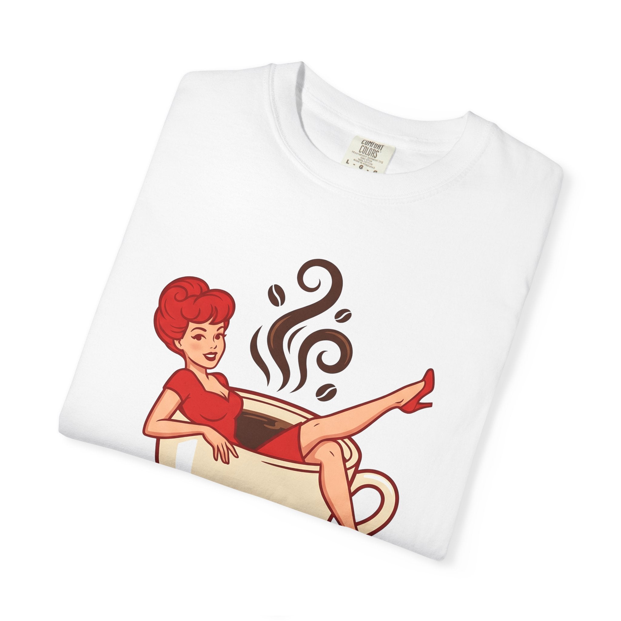 Pinup Coffee Mug Shirt Coffee Fun Gift Women Hand Drawn Tee Coffee Cup T-Shirt Coffee Fan Illustrated Tshirt Humor Graphic Line Art Steam