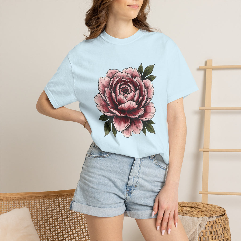 Peony Flower Shirt Boho Chic Floral Gift Women Botanical Tee Paeonia T-Shirt Hippie Fan Botanical Tshirt Flower Graphic Vintage Green Leaves