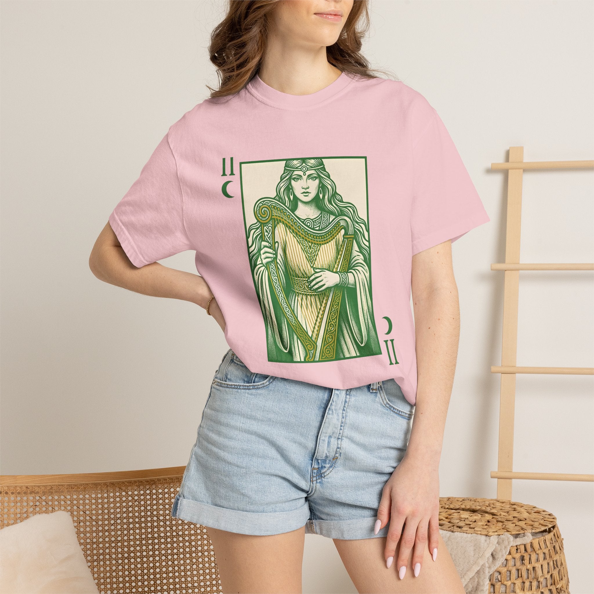 Celtic Goddess Harp Shirt St. Patrick's Day Myth Gift Women Hand Drawn Tee Harp T-Shirt Irish Fan Hand Drawn Tshirt Legend Graphic Cartoon
