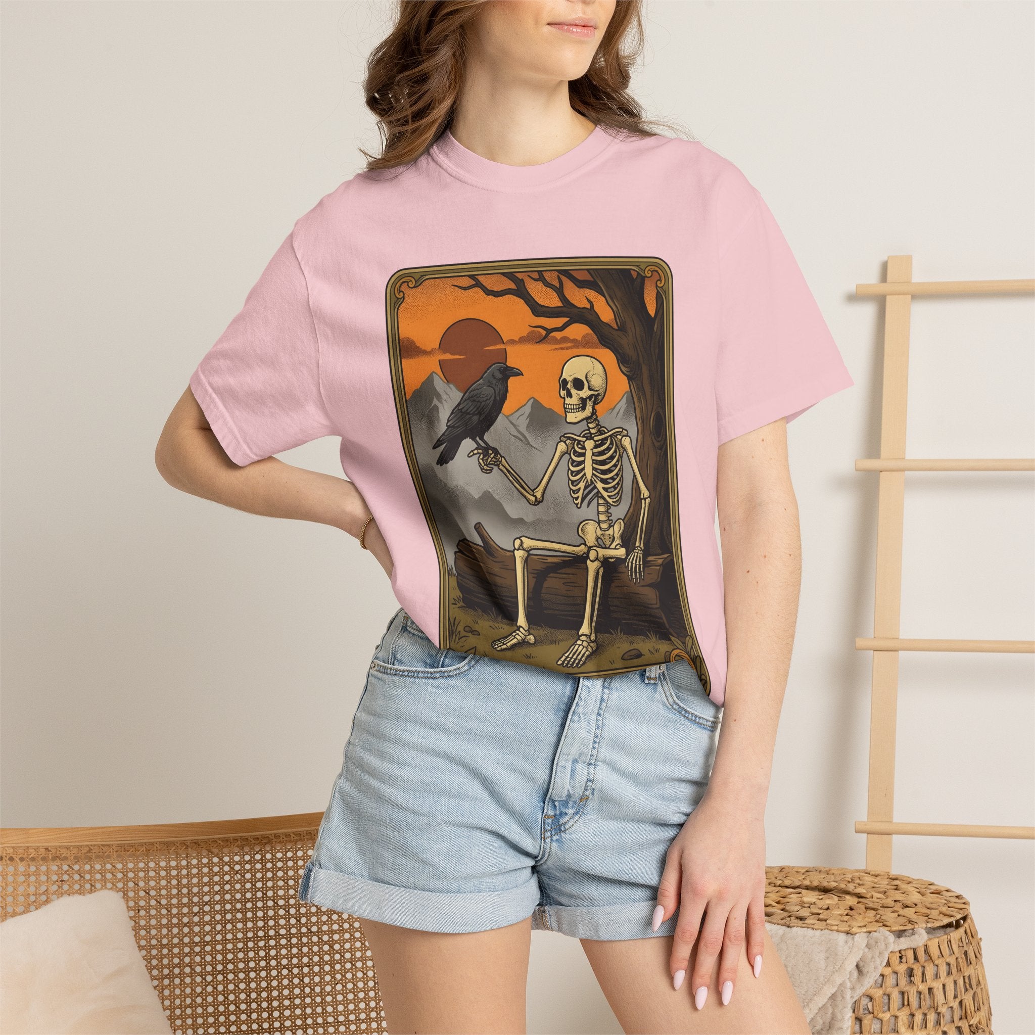 Skeleton Crow Shirt Boho Chic Paranormal Gift Women Sketch Tee Crow T-Shirt Bohemian Fan Doodle Tshirt Supernatural Graphic Divination