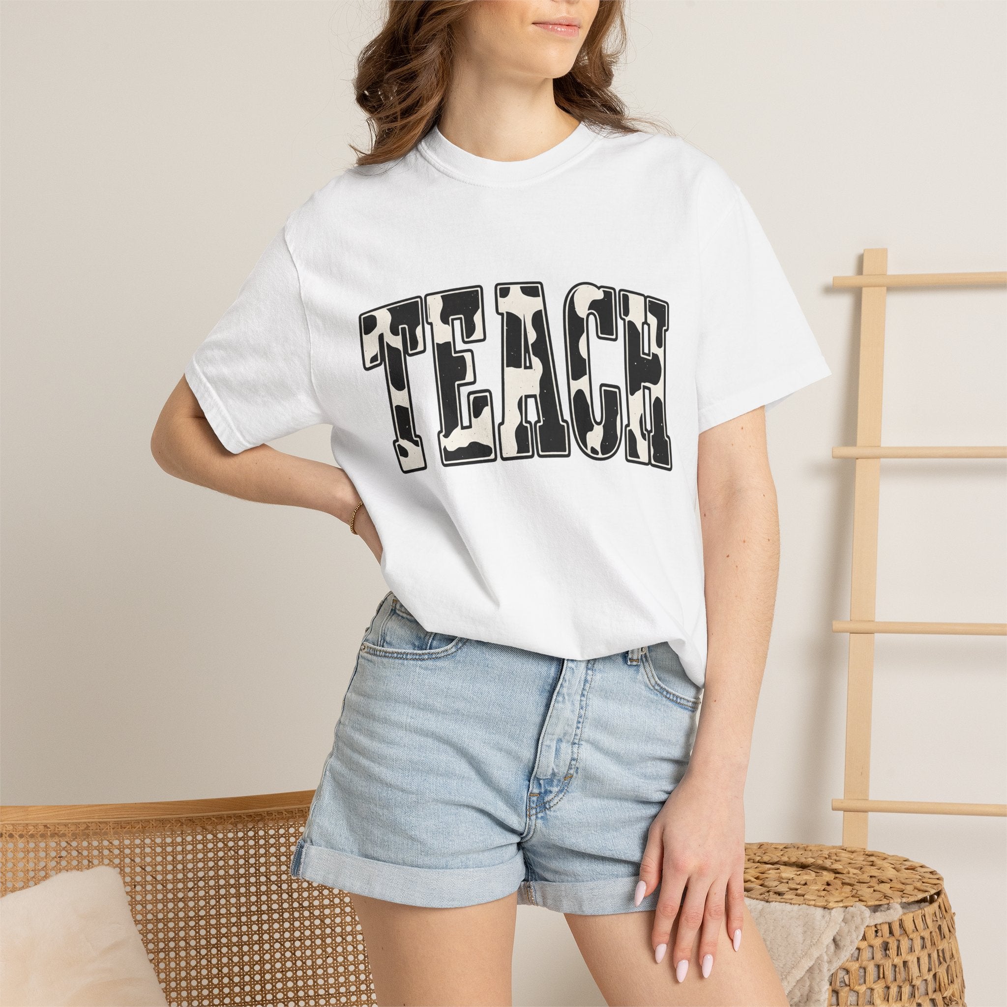 Cow Print Text Shirt Teacher Animal Gift Women Bold Tee Typography T-Shirt Educator Enthusiast Graphic Design Wildlife Graphic Retro Animal