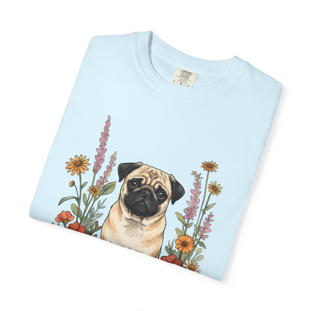 Pug Pet Shirt Dog Blossoms Gift Women Gouache Tee Pug T-Shirt Dog Fan Painter Tshirt Floral Graphic Contour Wild Blooms Tshirt