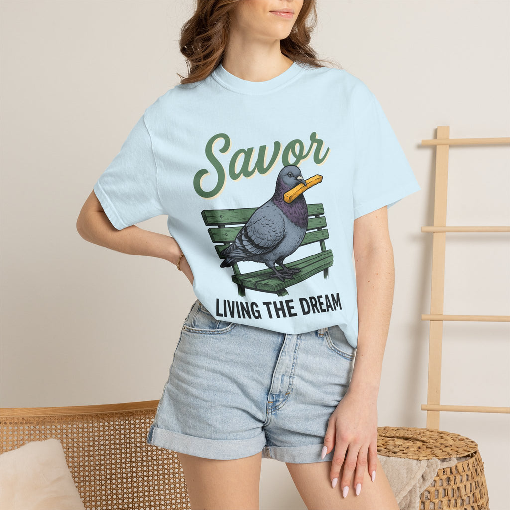 Pigeon Bench Shirt Cute Animal Gift Women Vintage Tee Bird Bench T-Shirt Adorable Fan Retro Tshirt Creature Graphic Hand Drawn French Fry