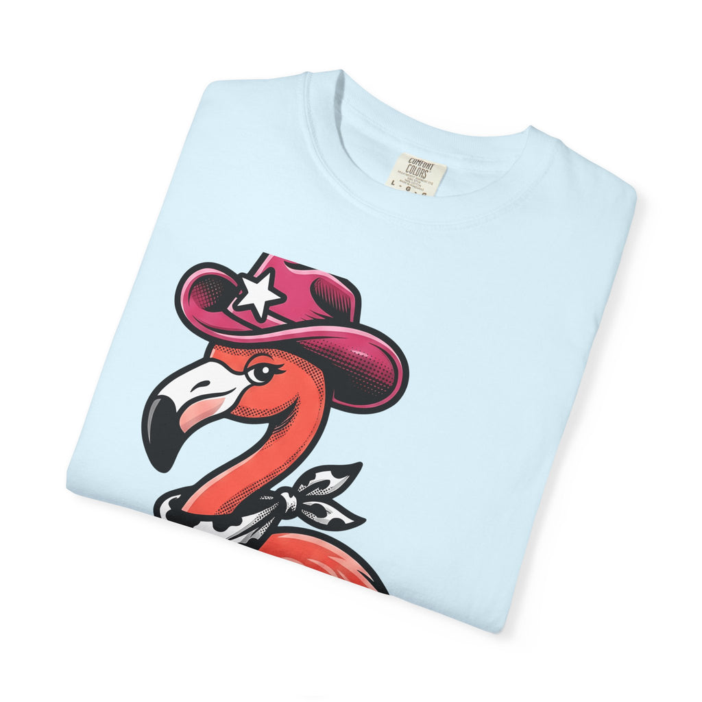 Flamingo Wrangler Shirt Cowgirl Fauna Gift Women Caricature Tee Flamingo T-Shirt Rodeo Fan Cartoon Tshirt Wildlife Graphic Hand Drawn Cowboy