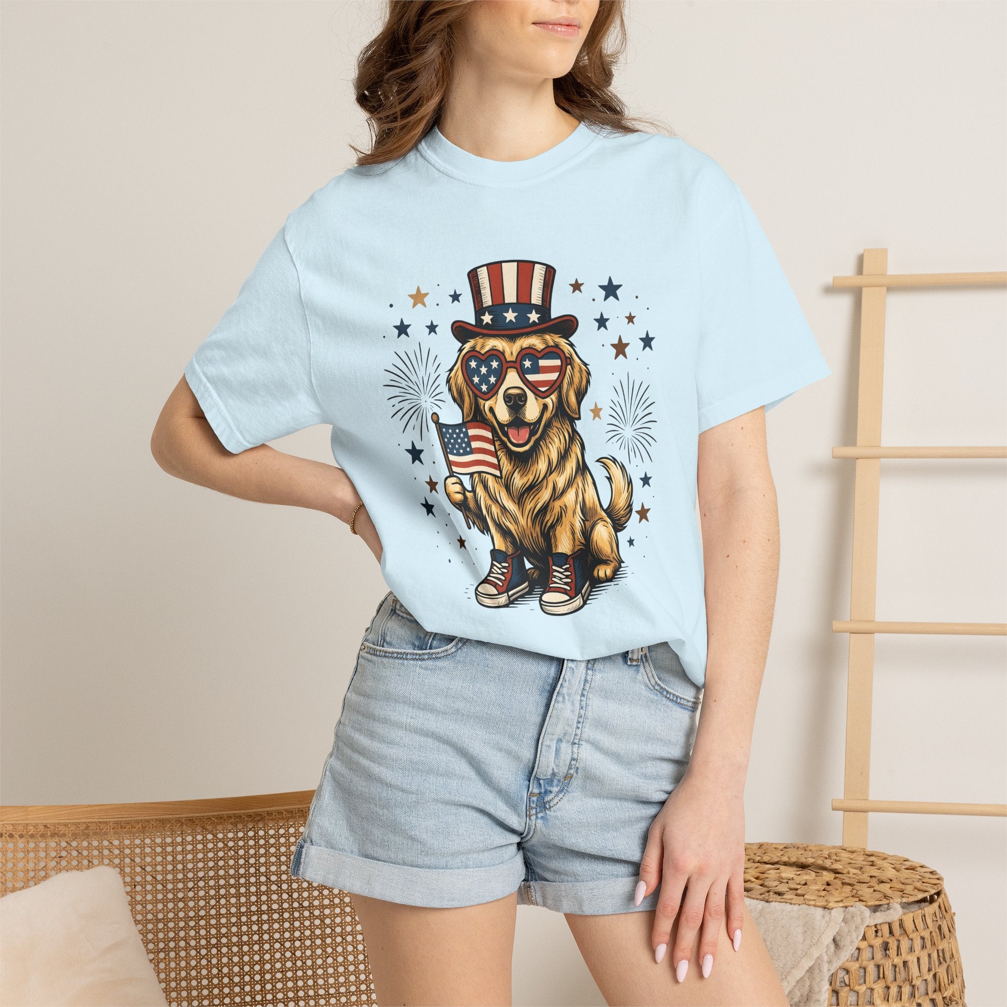 Golden Retriever Shirt Dog Nationalism Gift Women Comic Tee Retriever T-Shirt Dog Fan Cartoon Tshirt Patriotic Graphic Old School Stars And