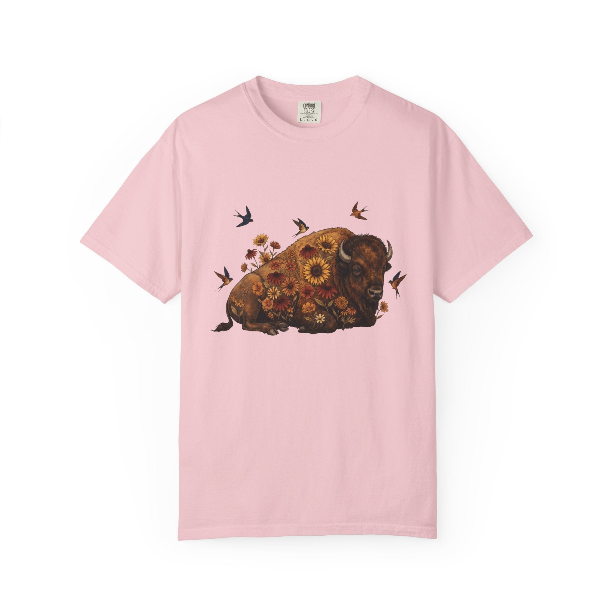 Bison Blossom Shirt Animals Wildlife Gift Women Folk Tee Buffalo T-Shirt Creature Fan Folk Art Tshirt Wildlife Graphic Throwback Swallow