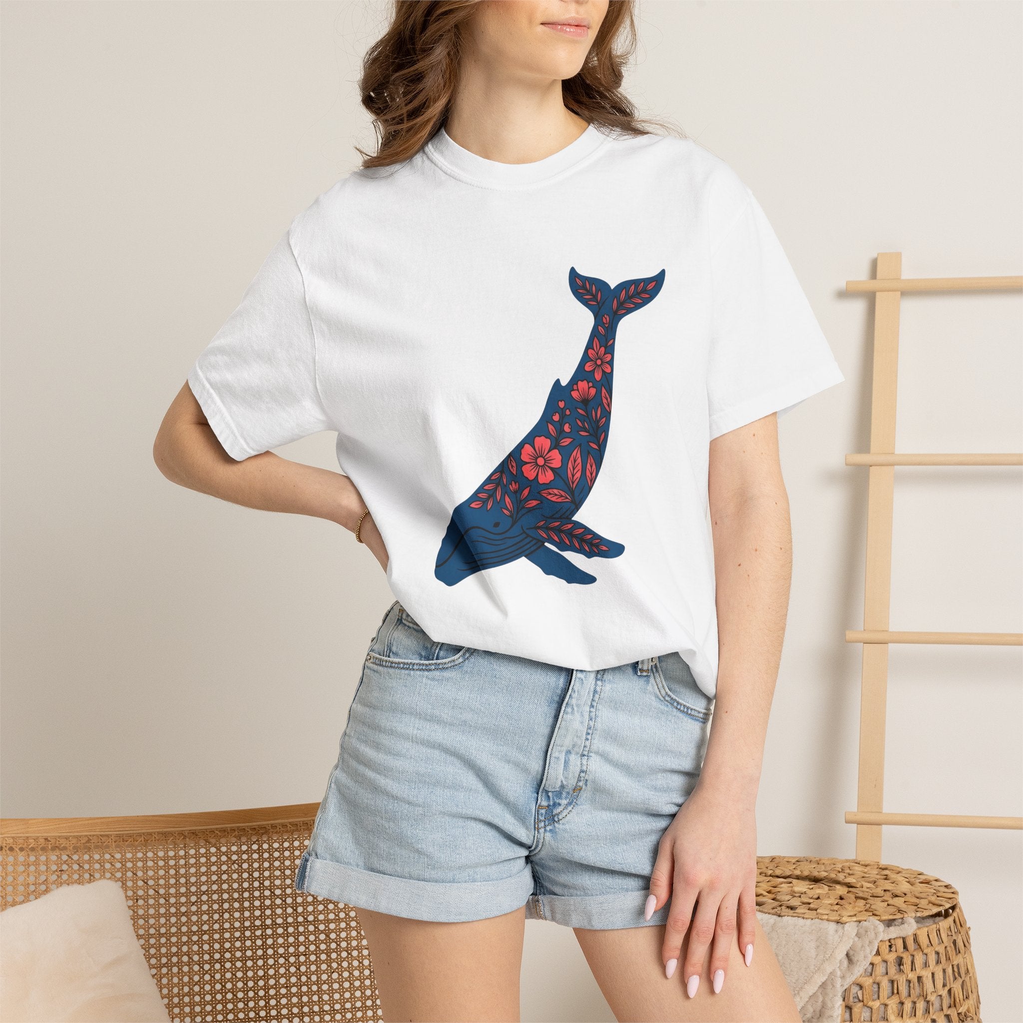 Whale Blossom Shirt Animals Aquatic Gift Women Rustic Tee Whale Flower T-Shirt Wildlife Fan Marine Graphic Tshirt Sleek Plant Tshirt