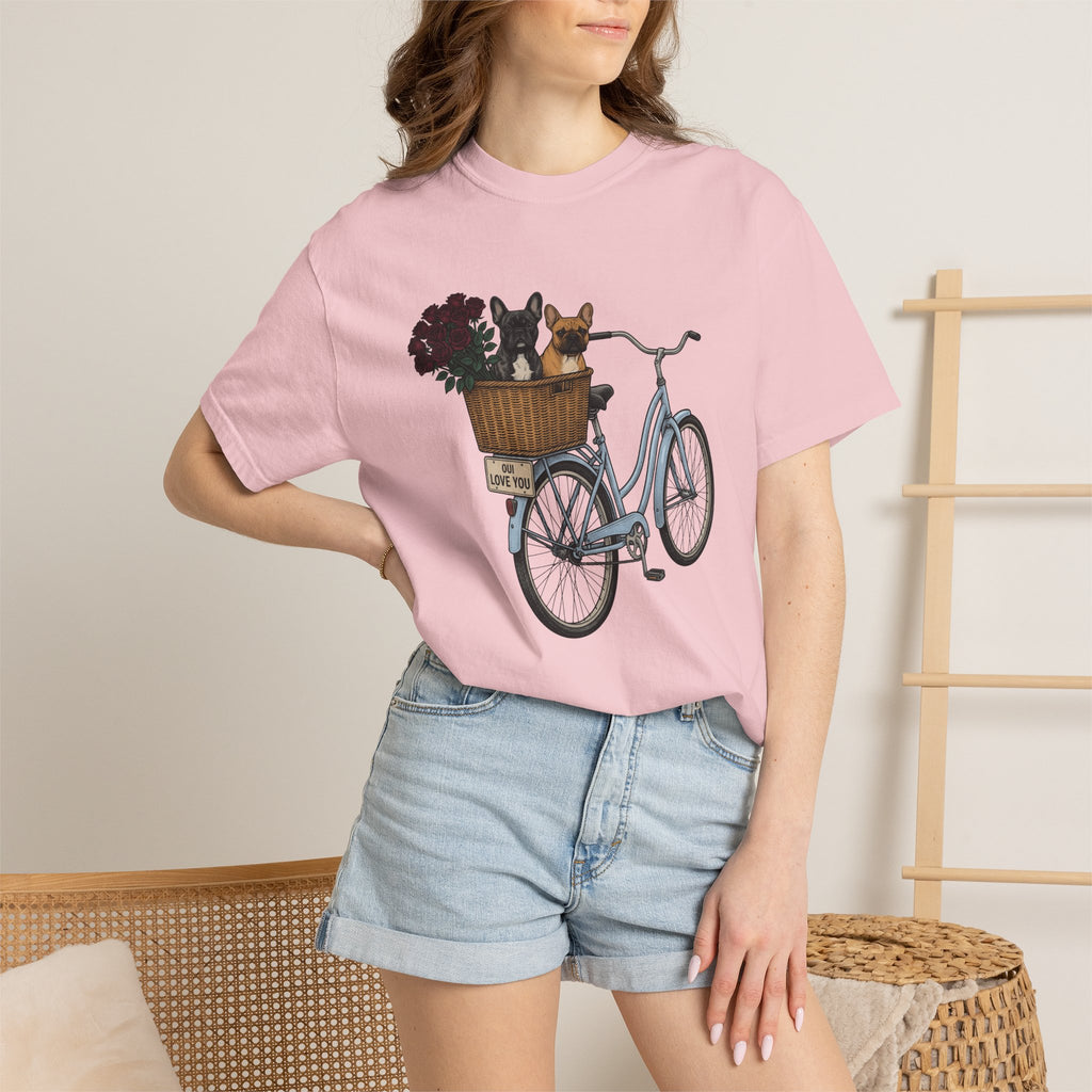 Frenchie Bike Shirt Valentines Day Puppy Gift Women Rustic Tee Bicycle T-Shirt Valentine Fan Rustic Tshirt Dog Graphic Line Art Garden Rose