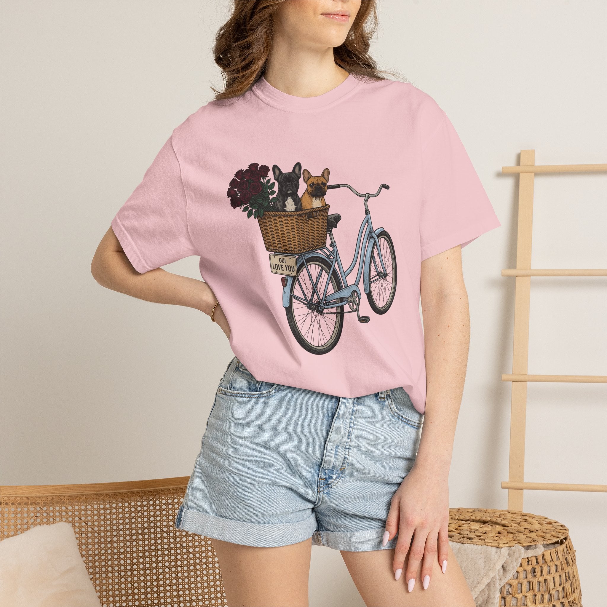 Frenchie Bike Shirt Valentines Day Puppy Gift Women Rustic Tee Bicycle T-Shirt Valentine Fan Rustic Tshirt Dog Graphic Line Art Garden Rose