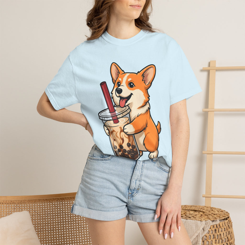 Corgi Dog Shirt Dog Food Gift Women Cute Tee Puppy T-Shirt Dog Fan Canine Tshirt Foodie Graphic Cartoon Bubble Tea Tshirt