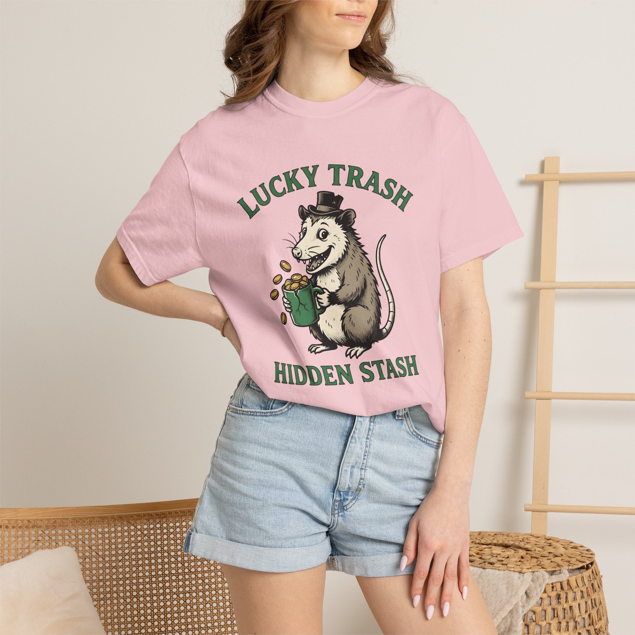 Opossum Leprechaun Shirt St Patrick's Day Funny Gift Women Sketch Tee Possum T-Shirt St Patricks Fan Drawing Graphic Humor Illustration Coin