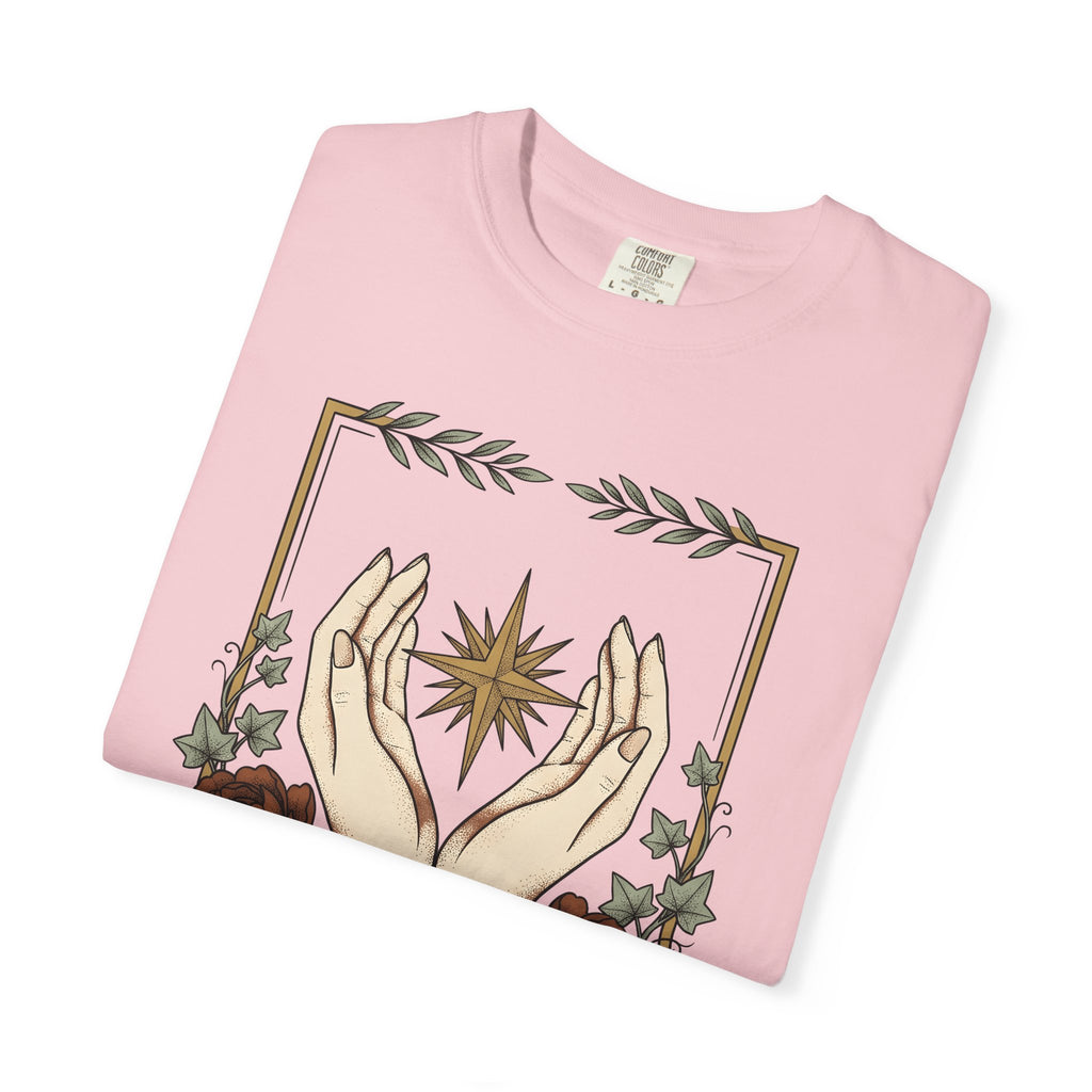 Hand Blossom Art Shirt Boho Chic Esoteric Gift Women Garden Tee Floral T-Shirt Bohemian Fan Floral Design Tshirt Antique Star Icon Tshirt