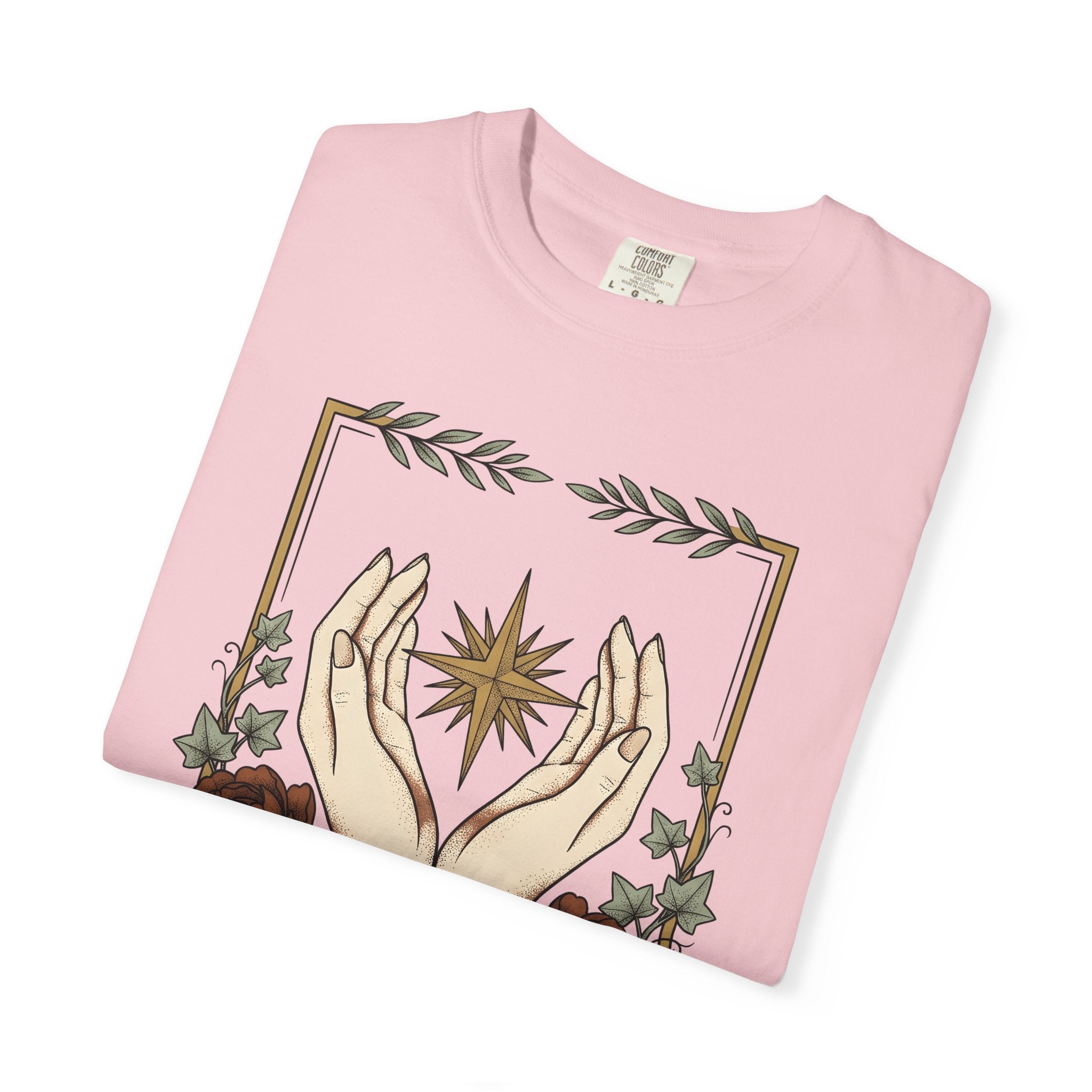 Hand Blossom Art Shirt Boho Chic Esoteric Gift Women Garden Tee Floral T-Shirt Bohemian Fan Floral Design Tshirt Antique Star Icon Tshirt