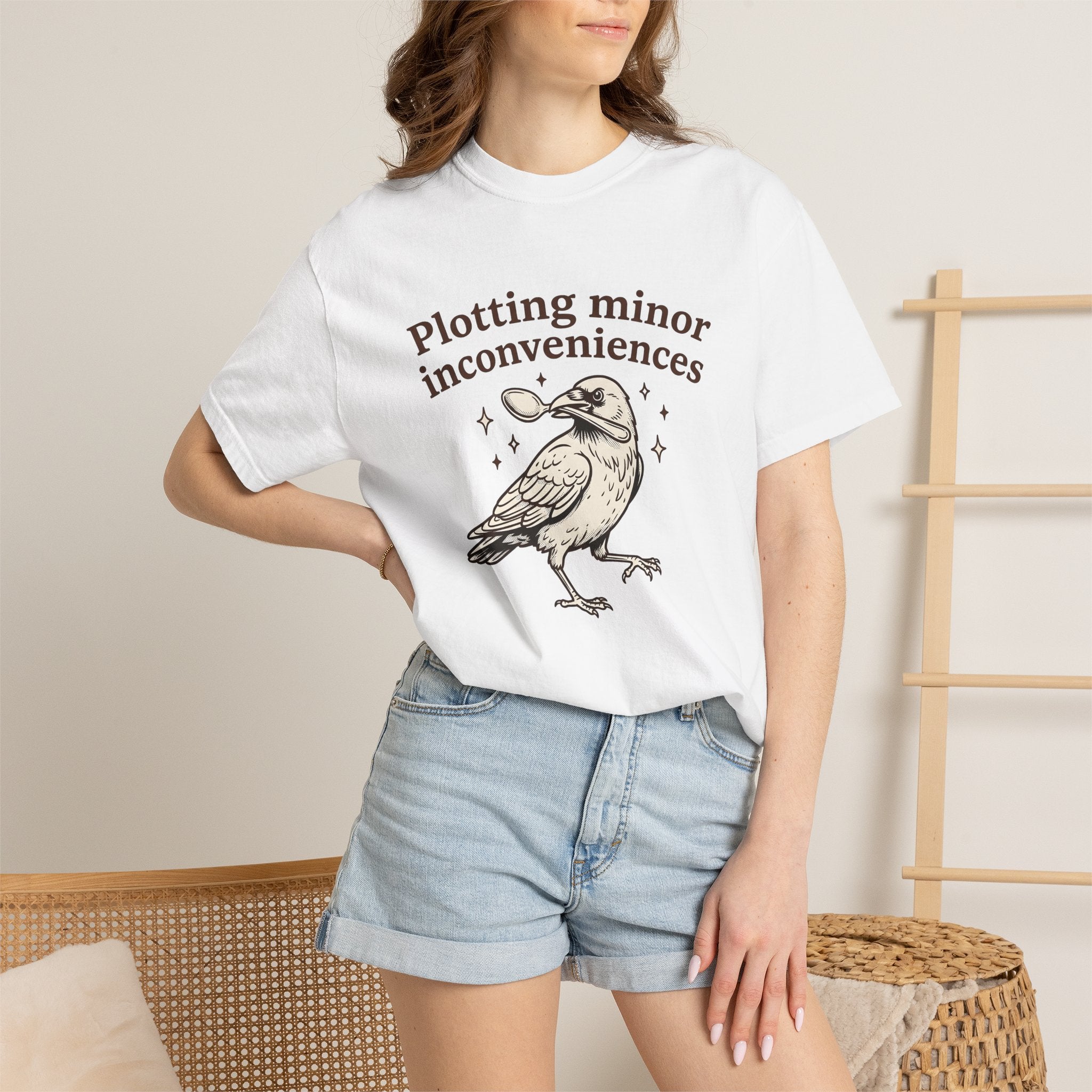 Crow Spoon Shirt Funny Animal Gift Women Hand Drawn Tee Raven T-Shirt Humor Fan Illustrated Graphic Creature Illustration Vintage Sparkles