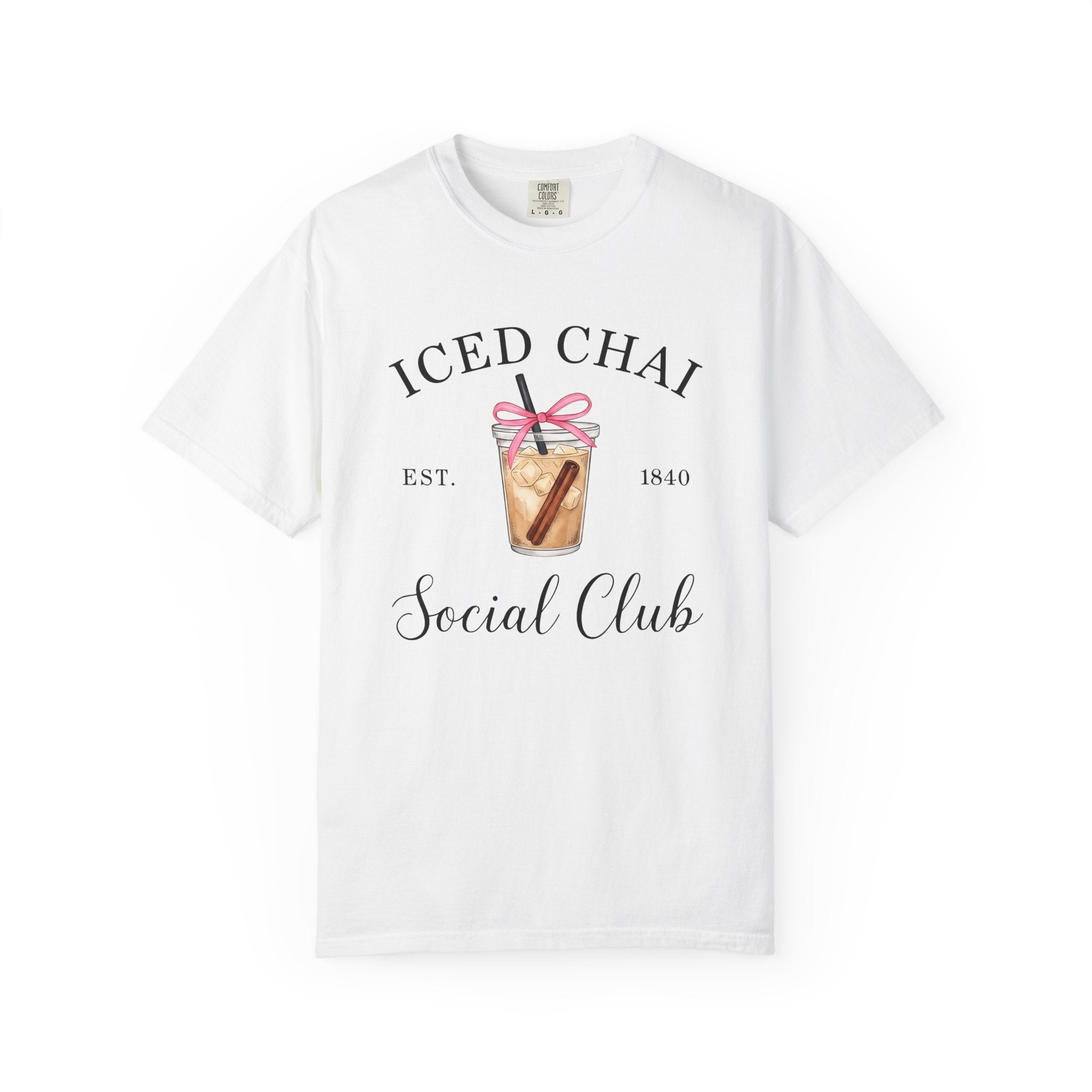 Iced Chai Cup Shirt Coffee Tea Gift Women Hand Drawn Tee Chai Mug T-Shirt Coffee Fan Tea Cup Graphic Illustration Vintage Pink Bow Tshirt