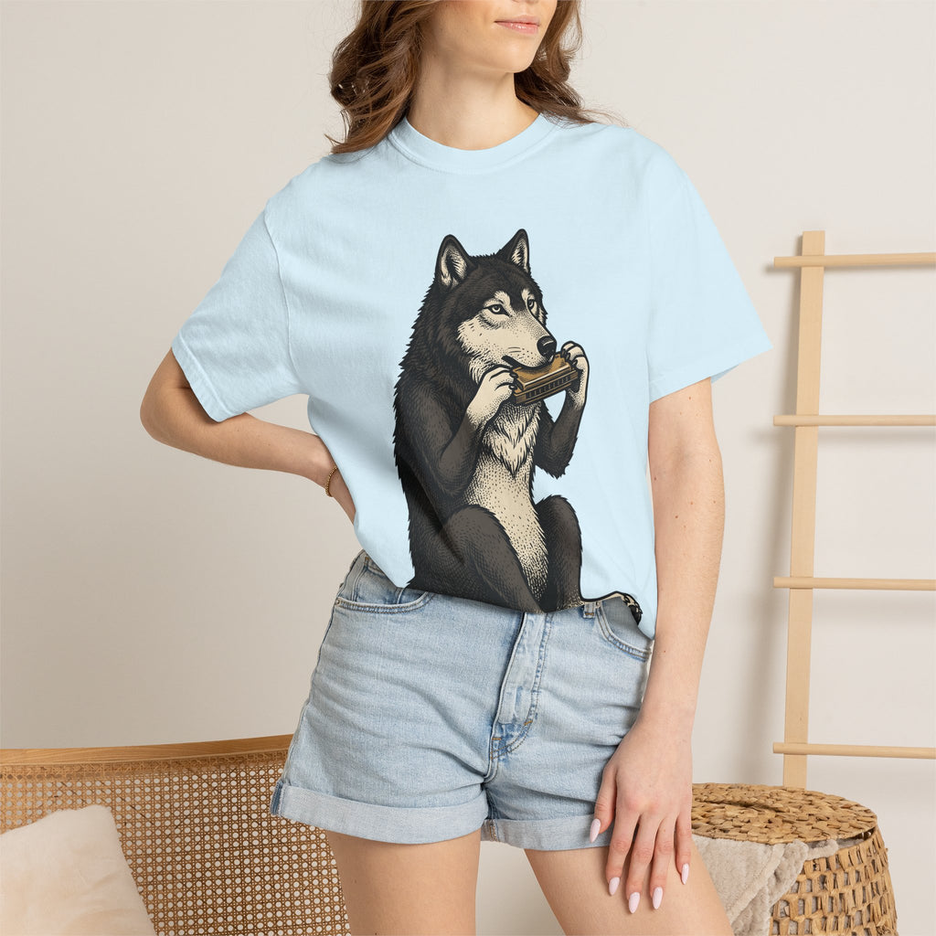 Wolf Harmonica Shirt Animals Instruments Gift Women Sketch Tee Howling T-Shirt Wildlife Fan Drawing Design Retro Harmonica Tshirt