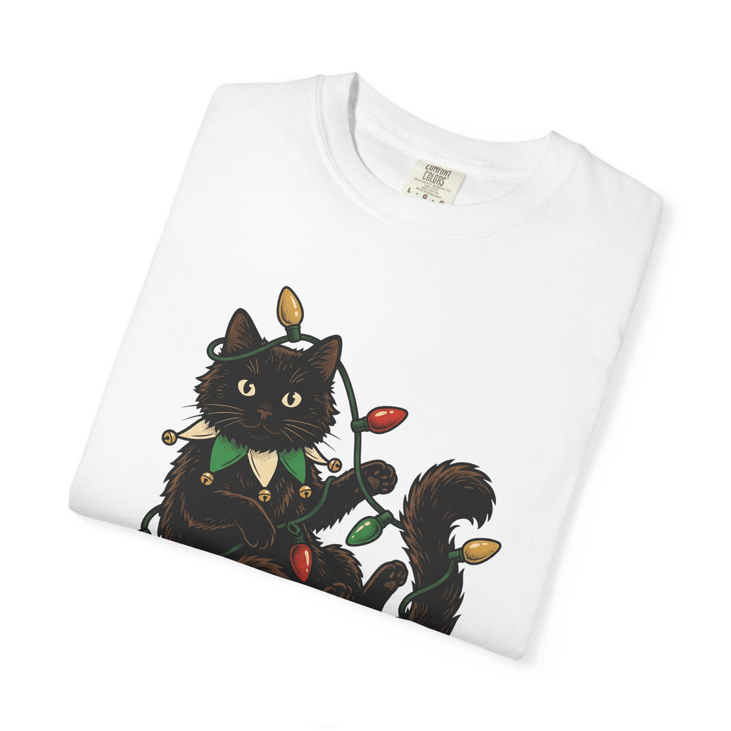 Black Cat Shirt Christmas Pet Gift Women Vintage Tee Cat T-Shirt Xmas Fan Retro Tshirt Animal Graphic Hand Drawn Christmas Lights Tshirt