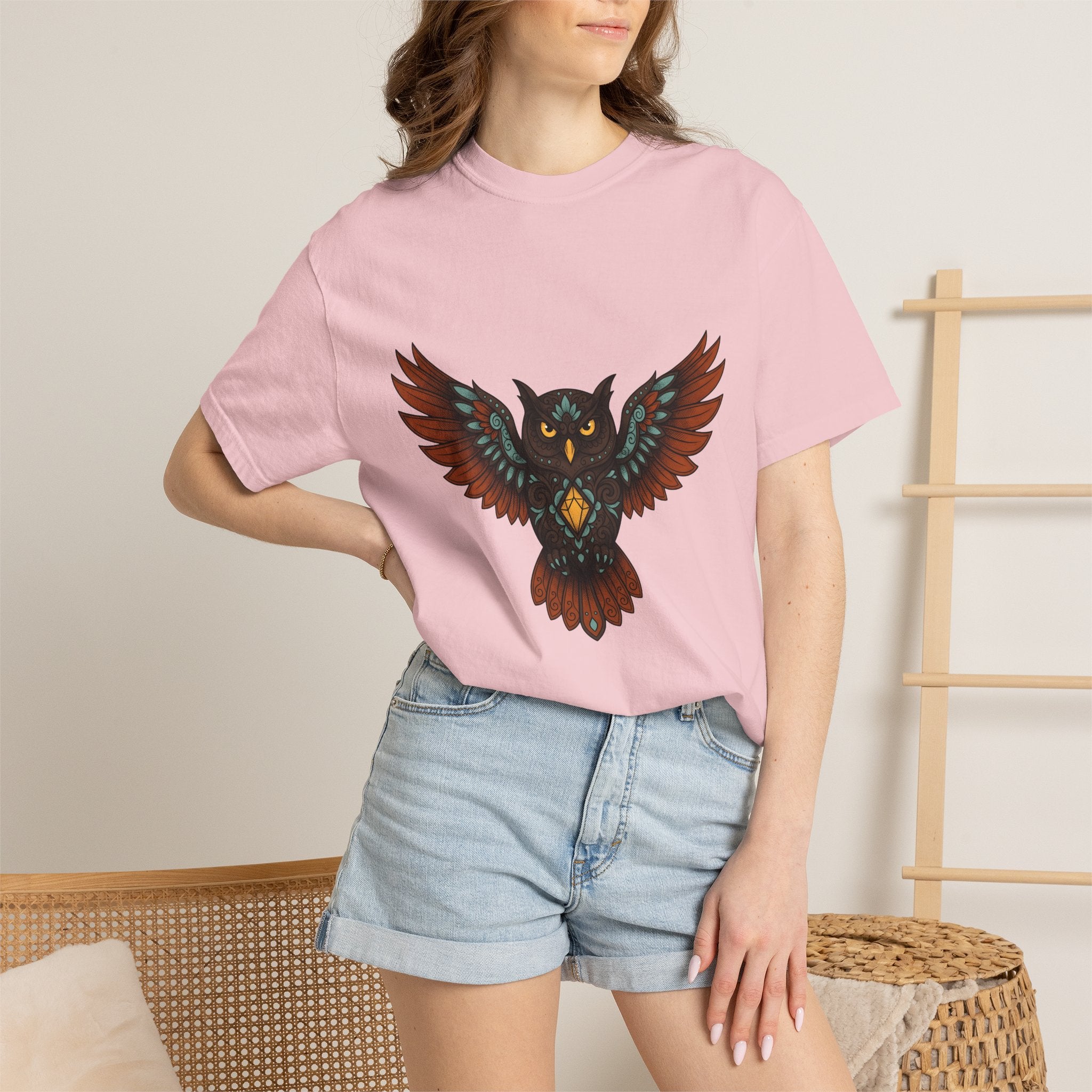 Owl Illustration Shirt Boho Chic Wildlife Gift Women Tribal Tee Hoot Owl T-Shirt Bohemian Fan Ethnic Tshirt Animal Graphic Zen Crystal