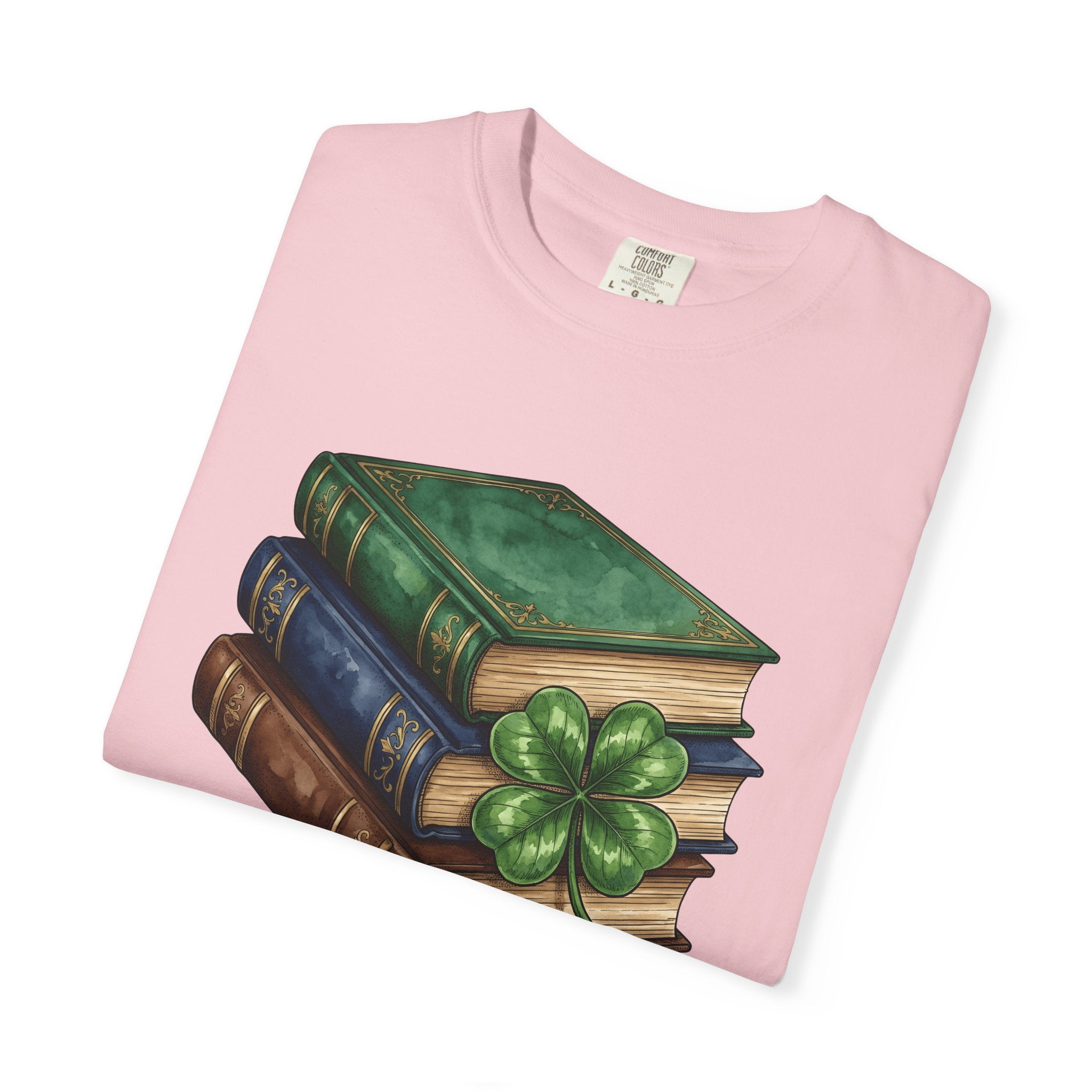 Book Stack Shirt St Patrick's Day Library Gift Women Illustration Tee Bookpile T-Shirt St Patricks Fan Book Art Tshirt Librarian Graphic