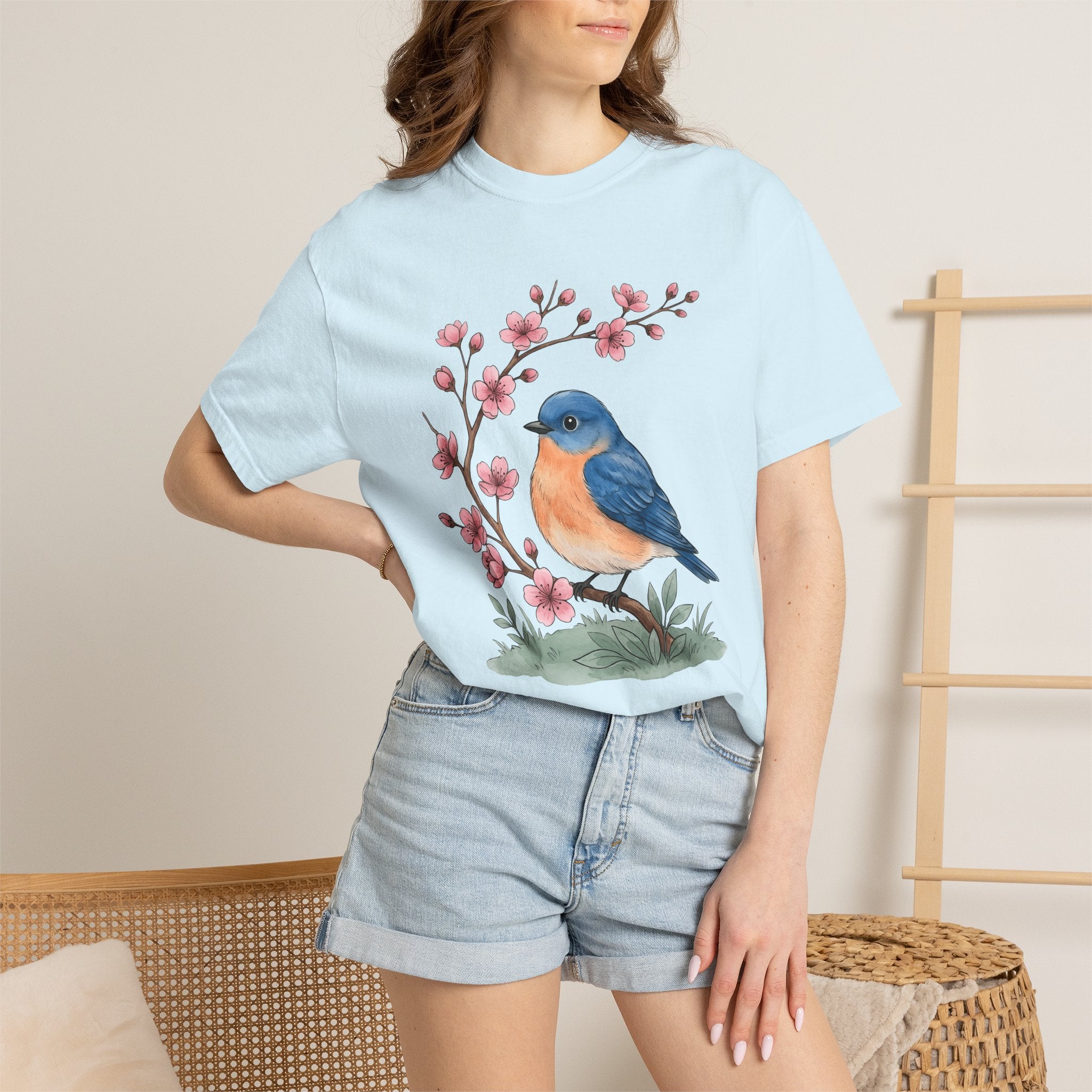 Bluebird Floral Shirt Easter Spring Gift Women Watercolor Tee Floral T-Shirt Easter Fan Painted Tshirt Seasonal Graphic Hand Drawn Cherry