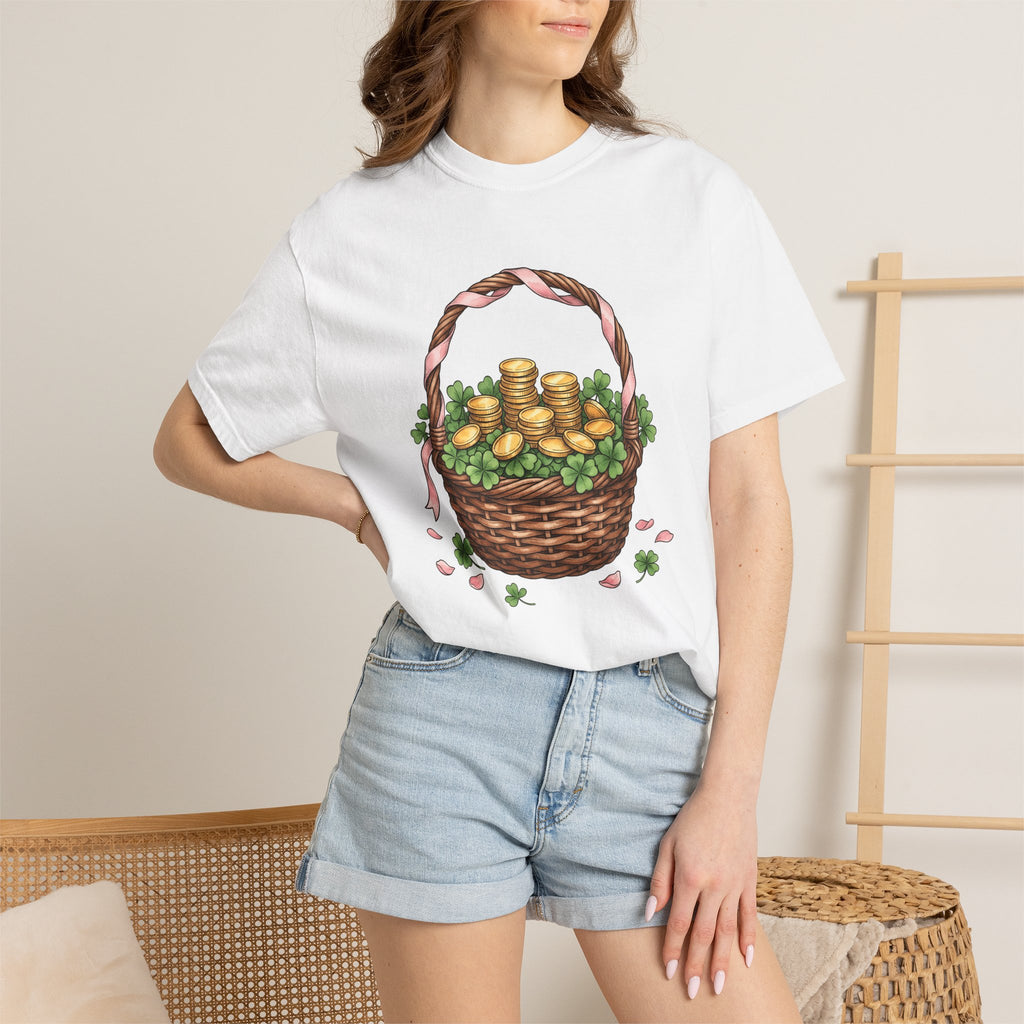 Gold Coin Basket Shirt St Patrick's Day Blessing Gift Women Line Art Tee Treasure Basket T-Shirt Luck Enthusiast Illustration Tshirt Divine