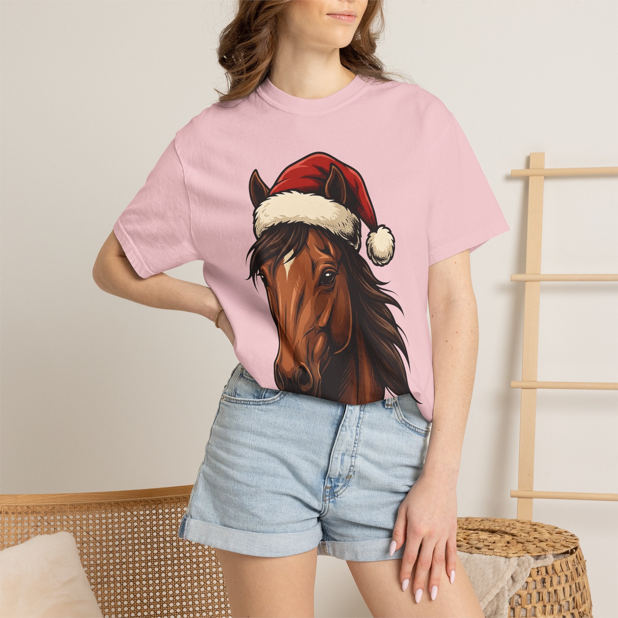 Horse Santa Hat Shirt Christmas Animal Gift Women Line Art Tee Equine T-Shirt Xmas Fan Horse Drawing Graphic Sketch Santa Hat Tshirt